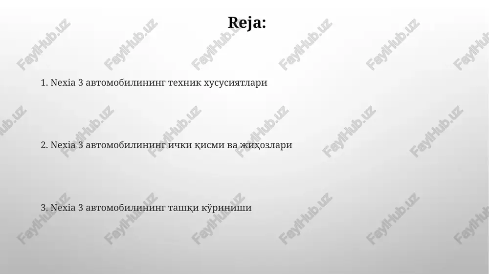 nlaydi, bu uning umumiy uzunligining taxminan 1/3 qismini egallaydi. nexia 3 ning old qismi trapezoidal panjara va zamonaviy faralar bilan jihozlangan bo'lib, avtomobilga 2010-yillardagi dizayn uslubini beradi, bu esa 4,4 metr uzunlikdagi korpus bilan uyg'unlashadi. yaxshi va yomon tomonlari nexia 3 ning narxi bozor sharoitiga bog'liq holda 5000$ dan 8000$ gacha o'zgarib turadi, bu esa modelning yili va holatiga bog'liq. avtomobilning ichki qismi nisbatan tor bo'lib, besh kishilik oila uchun biroz noqulay bo'lishi mumkin. orqa o'rindiqdagi o'rindiqlarning kengligi taxminan 135 sm. nexia 3 ning ichki dizayni avtomobilning ichki qismi sifatli materiallar bilan bezatilgan bo‘lib, uning umumiy hajmi taxminan 2,7 kub metrni tashkil etadi va 350 litrli bagaj xonasi mavjud. nexia 3 ning boshqaruv paneli ergonomik tarzda joylashtirilgan bo‘lib, barcha kerakli tugmalar va boshqaruv elementlariga qulay kirishni ta'minlaydi; uning 7 dyuymli displey mavjud. e'tiboringiz uchun rahmat @taqdimot_robot image3.png image4.jpg image5.jpg image6.jpg image7.jpg image8.jpg image9.jpg image10.jpg image1.png
