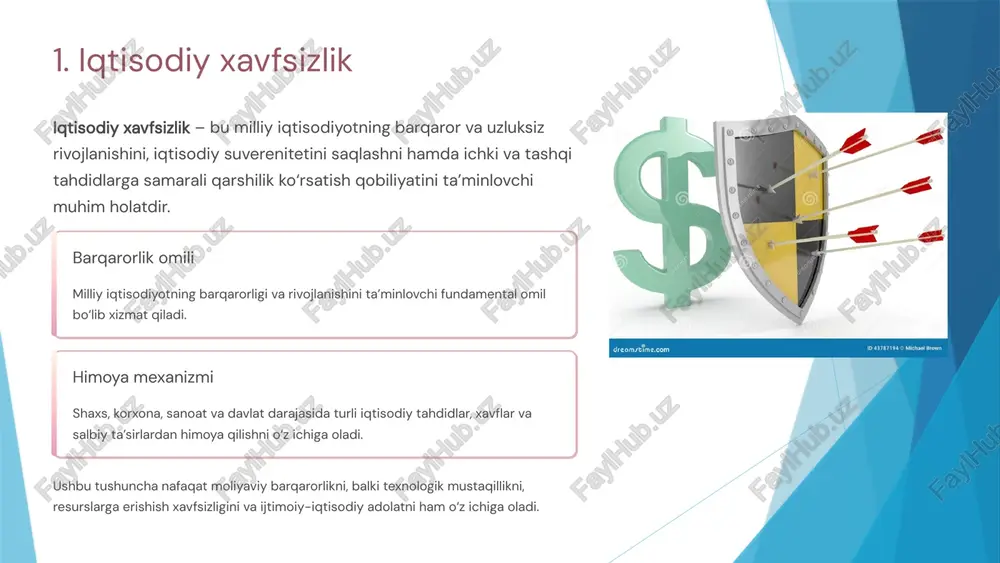 qalari milliy iqtisodiy xavfsizlikni ta’minlashda muhim rol o‘ynaydi. shu sababli, har bir davlat iqtisodiy xavfsizlikni oshirish maqsadida samarali strategiyalar ishlab chiqadi va ularni amalga oshiradi. aqsh iqtisodiy xavfsizlikni ta’minlashda global moliya tizimidagi yetakchi rolini saqlashga e’tibor qaratadi. davlat o‘zining iqtisodiy xavfsizlik strategiyasida ishlab chiqarish tarmoqlarini rivojlantirish, ish o‘rinlarini yaratish, innovatsion texnologiyalar va intellektual mulkni himoya qilish kabi choralarni ko‘radi. shu bilan birga, aqsh valyuta kursining barqarorligi, moliyaviy nazorat, energiya resurslarining xavfsizligi va tashqi qarzlarni boshqarishni muhim vazifa sifatida belgilaydi. bu davlatning iqtisodiy mustaqilligini va global iqtisodiy pozitsiyasini mustahkamlaydi. yaponiya iqtisodiy xavfsizlikni yuqori texnologiyalar, eksport va innovatsion sanoat orqali ta’minlaydi. mamlakat energetik resurslarning cheklanganligini hisobga olib, ichki va tashqi iqtisodiy xavf-xatarlarni minimallashtirishga harakat qiladi. yaponiya investitsiyalarni jalb qilish, ilmiy tadqiqotlarni rivojlantirish va tashqi savdoni diversifikatsiya qilish orqali iqtisodiy barqarorlikni saqlaydi. shu bilan birga, moliyaviy tizimni qat’iy nazorat qilish va moliya bozorlari barqarorligini ta’minlash orqali iqtisodiy xavfsizlikni mustahkamlaydi. 2. iqtisodiy xavfsizlikning asosiy …