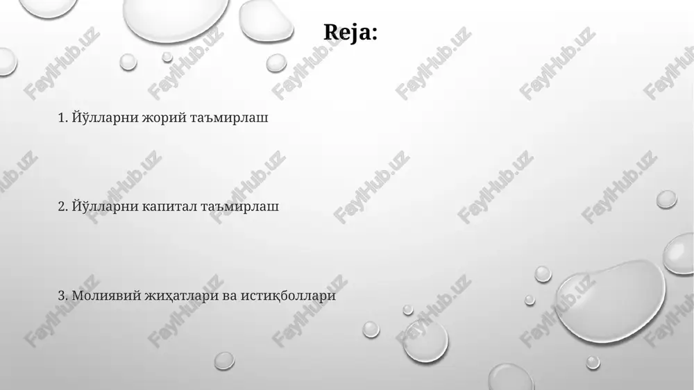 odeling va lazerli skanerlash texnologiyalarini qo'llash, 5% gacha xatoliklarni kamaytirib, loyihalashning aniqligini oshiradi va materiallar sarfini 10-15% tejaydi. infraqizil qizdirish texnologiyasi bilan asfaltni tezkor ta'mirlash, 20-30% gacha vaqtni tejab, ishlab chiqarishning unumdorligini oshiradi va ekologgik tozalikni ta'minlaydi. yuqori sifatli asfalt-beton aralashmalarini ishlab chiqarishda yangi avlod bitumlari va polimer modifikatorlarini qo'llash, yo'l kiyimining xizmat muddatini 2 baravarga uzaytiradi. yo'llarni kapital ta'mirlash kapital ta'mirlash jarayonida yo'l asosining 30% dan ortiq qismi buzilib, yangisi bilan almashtirilsa, bu kapital ta'mirlash deb hisoblanadi. yo'lning geometrik parametrlari, jumladan, kengligi va egriligi, kapital ta'mirlash chog'ida gost standartlariga muvofiq 5% dan kam bo'lmagan darajada o'zgartirilishi mumkin. yo'llarni kapital ta'mirlashda asfalt-beton qatlami 15-20 sm gacha chuqurlikda yangilanadi va bunda yuqori sifatli bitumli materiallardan foydalaniladi. yo'llarni joriy ta'mirlash yo'llarni joriy ta'mirlash jarayonida yo'l yuzasining 15% dan ortiq shikastlanishi katta ta'mirlashga ehtiyoj borligini bildiradi va bunday holatlarda asfalt qatlami to'liq yangilanishi mumkin. o'rtacha hisobda, 1 km yo'lni joriy ta'mirlash uchun 100 …