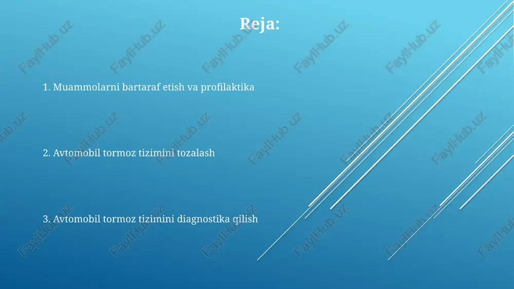 va tavsiyalar tormoz tizimining tarkibiy qismlarini demontaj qilishda, ularni to'g'ri tartibda va tegishli joylarga qo'ying. kamida 3 ta turli xil o'lchamdagi kalitlar va tornavidalarga ehtiyoj sezilishi mumkin. tormoz suyuqligi bilan ishlashda qo'lqoplardan foydalaning va suyuqlik teriga tegsa, darhol suv bilan yuvib tashlang. suyuqlikning ko'zga tushishini oldini olish uchun himoya ko'zoynaklaridan foydalanish tavsiya etiladi. avtomobil tormoz tizimini tekshirish va tozalash jarayonida, kamida 2 kishi bo'lishi va ularning biri kuzatuvchi vazifasini bajarishi kerak, xavfsizlikni ta'minlash uchun. tormoz pedallarini tekshirish va sozlash tormoz pedalining o'ynashi (boshlang'ich yurishi) 2-3 mm dan ortiq bo'lsa, bu tormoz tizimidagi buzilishni bildirishi mumkin, bu esa professional tekshirish va ta'mirlashga muxtoj. tormoz suyuqligi sathining minimal belgidan past ekanligi, tormoz tizimidagi muammolarni ko'rsatadi. suyuqlik sathini tekshiring va zarur bo'lsa, dot 3 yoki dot 4 tormoz suyuqligi bilan to'ldiring. tormoz pedalining bosish kuchini tekshirish uchun, pedalni 3-4 marta bosing va uning qattiqligini va yurishini baholang. normal holatda, pedal tekis va bir …