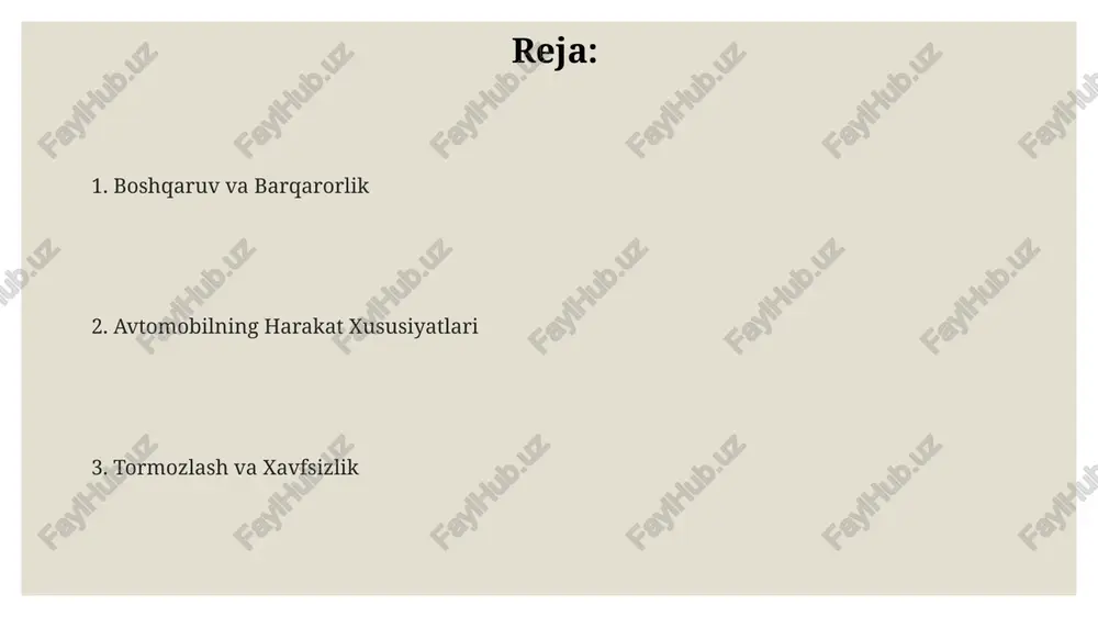 igini 15-20% ga oshiradi va boshqaruvchanlikni saqlaydi. tormozlash masofasi avtomobil tezligiga to'g'ridan-to'g'ri bog'liq bo'lib, 60 km/soat tezlikda tormozlash masofasi taxminan 18-25 metrni tashkil etadi. tormoz disklarining aşınması va tormoz suyuqlig'ining holati tormozlash xususiyatlariga sezilarli darajada ta'sir qiladi, bu esa tormozlash masofasini 10% gacha oshirishi mumkin. avtomobilning boshqaruv xususiyatlari rulning burilish radiusi 10 metrdan kam boʻlsa, avtomobilning manevrlik qobiliyati yuqori deb baholanadi, bu shahar sharoitida qulaylik yaratadi. tormoz yo'lining uzunligi 40 km/soat tezlikda 12 metrdan kam bo'lishi avtomobilning samarali tormozlash tizimini ko'rsatadi va xavfsizlikni ta'minlaydi. avtomobilning boshqaruvchanligi 0.3g gacha boʻlgan yon tomonga ogʻish kuchini ta’minlaydigan stabilizatsiya tizimining mavjudligi bilan belgilanadi va bu yoʻlda barqarorlikni oshiradi. tezlanish xususiyatlari yo'l ustidagi yopishish koeffitsienti tezlanishni sezilarli darajada ta'sir qiladi va u 0 dan 1 gacha o'zgarib turadi, bu esa shinalarning holati va yo'l sirtining holatiga bog'liqdir, maksimal tezlanish esa 1 ga yaqin qiymatlarda kuzatiladi. tezlanish paytida tormozlash masofasi ham muhim parametr hisoblanadi va u …