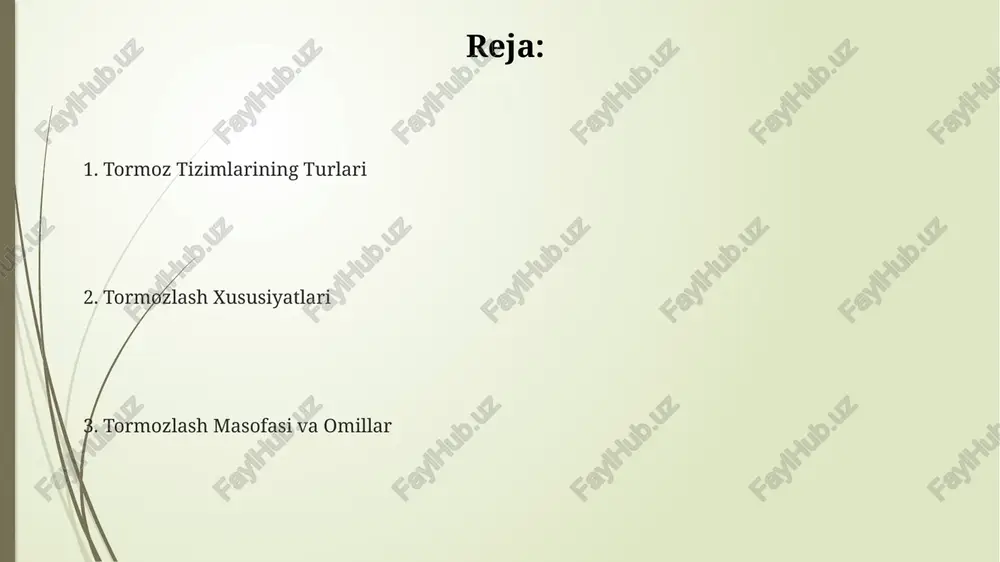 g gacha yetishi mumkin, bu esa yo'lovchilarga sezilarli darajada kuch ta'sir qilishini anglatadi. avtomobilning tormoz yo'lining uzunligi turli omillarga, jumladan, yo'l yuzasining holati (quruq, ho'l, muzli), shinalarning holati va tezlikka bog'liq bo'lib, 30 dan 100 metrgacha o'zgarishi mumkin. abs tizimi tormozlash masofasini qisqartirishga yordam beradi va taxminan 15-20% ga kamaytirishi mumkin, ammo bu yo'l yuzasining holatiga bog'liq. abs tizimi va uning ishlash mexanizmi abs tizimi faollashganida, tormoz pedalida pulsatiya seziladi, bu normal holat bo'lib, tizimning to'g'ri ishlashini ko'rsatadi va haydovchiga avtomobilni boshqarish imkonini beradi. abs tizimi g'ildiraklarning qulflanishini oldini olish uchun 1 soniyada 15 martadan ortiq tormoz bosimini nazorat qiladi va bu tormoz yo'lining qisqarishiga olib keladi. abs sensorlari g'ildiraklarning aylanish tezligini aniqlab, ularning sekinlashishini kuzatib boradi va abs bloki bu ma'lumotlar asosida tormoz kuchini 0,1 sekund ichida sozlaydi. gidravlik tormozlash tizimlari gidravlik tormozlash tizimlarida, tormoz pedallariga bosim 4:1 yoki undan yuqori nisbatda kuchaytiriladi, bu esa kichik kuch bilan ham …