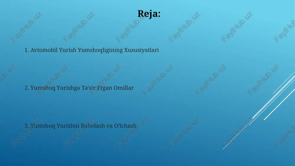 ilning tebranishini 20-30% ga kamaytirish uchun gidravlik amortizatorlarning optimal sozlamalari muhim, bu esa yo'lovchilar uchun qulayroq harakatni ta'minlaydi. tebranishlarni tahlil qilish yo'lning notekisligi tufayli kelib chiqadigan tebranishlarni tahlil qilishda, 0,1 dan 10 hz gacha bo'lgan chastotalardagi tebranishlarning amplitudasi va fazasini aniqlash muhim ahamiyatga ega. avtomobilning vertikal tebranishlarini tahlil qilishda 1 dan 10 gg gacha bo'lgan chastota oralig'ida rezonans chastotalari aniqlanadi va shassiga ta'sir etuvchi kuchlar hisoblanadi. avtomobil yurish yumshoqligi xususiyatlari avtomobilning yurish yumshoqligi 15-25 gts chastotali tebranishlarga sezgir bo‘lib, bu esa yo‘l sirtining notekisliklari ta’sirida paydo bo‘ladi. yumshoqlik koeffitsienti 0,1 dan 0,3 gacha bo‘lgan amortizatorlar avtomobilning baland tezlikda yurishini yaxshilaydi, lekin bu past tezliklarda boshqarishni murakkablashtirishi mumkin. e'tiboringiz uchun rahmat @taqdimot_robot image1.jpg image2.jpg image3.jpg image4.jpg image5.jpg image6.jpg image7.jpg