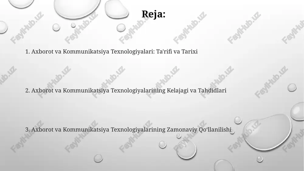 axborot xavfsizligi va siyosati so'nggi 5 yil ichida axborot xavfsizligi sohasidagi xodimlarga bo'lgan talab 2 barobar oshdi, bu esa ushbu sohada yuqori malakali mutaxassislarning etishmasligini ko'rsatadi. axborot xavfsizligi siyosati korxonalarda ma'lumotlarning o'g'irlanishi yoki buzilish xavfini 30% ga kamaytirishi mumkin, bu esa moliyaviy yo'qotishlarni va obro'-e'tiborning pasayishini oldini oladi. kiberxavfsizlik siyosati va qoidalari kamida 5 ta asosiy elementni o'z ichiga olishi kerak: kirish nazorati, ma'lumotlarni shifrlash, zararli dasturlardan himoya qilish, foydalanuvchilarni o'qitish va favqulodda vaziyatlarga tayyorgarlik. axborot va kommunikatsiya texnologiyalari ta'rifi aktning rivojlanishi jamiyatning barcha sohalariga, jumladan, ta'lim, sog'liqni saqlash va biznesga sezilarli ta'sir ko'rsatdi, global aloqani 1000 barobar tezlashtirib, yangi imkoniyatlar yaratdi. axborot va kommunikatsiya texnologiyalari (akt) – bu ma'lumotlarni yaratish, saqlash, qayta ishlash va uzatishda kompyuterlar, tarmoqlar va dasturiy ta'minot kabi raqamli texnologiyalardan foydalanishni o'z ichiga oladigan keng sohadir. akt infratuzilmasi turli xil qurilmalarni, jumladan, serverlar, kompyuterlar, smartfonlar va sensorlarni o'z ichiga oladi, ulardan 24/7 uzluksiz foydalanish samaradorlikni oshiradi …