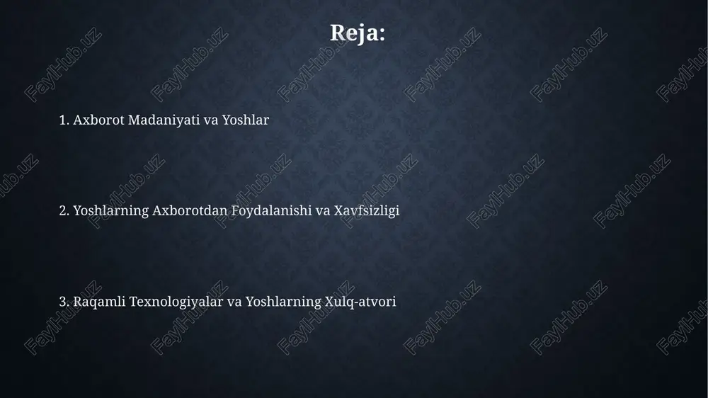 0% dan ortig'i ijtimoiy tarmoqlardagi shaxsiy ma'lumotlarini himoya qilishning ahamiyatini yetarlicha tushunmaydi. kiberjinoyatchilikning 85% dan ortig'i firibgarlik va shaxsiy ma'lumotlarni o'g'irlash kabi, yoshlarning axborot texnologiyalaridan beparvo foydalanishi natijasida sodir bo'ladi. kelajakdagi istiqbollar kelajakdagi axborot madaniyati yoshlar orasida 2030-yilga borib 85% ga yaqin smartfon foydalanuvchilar sonining oshishini va bu esa yangi axborot iste'mol qilish odatlarini shakllantirishini ko'rsatadi. yoshlarning 70% dan ortig'i ijtimoiy media platformalarini axborot manbai sifatida ishlatib, "digital native" avlod sifatida tezkor va interaktiv axborotga ehtiyojini qondiradi. axborotdan foydalanish madaniyati yoshlarning 65% dan ortig'i axborotni tekshirish va tahlil qilish ko'nikmalariga ega emas, bu esa noto'g'ri ma'lumotlar tarqalish xavfini oshiradi. axborotdan foydalanish madaniyati yoshlar orasida smartfonlar orqali 90% dan ortiq amalga oshirilmoqda, bu esa sanoatlashgan mamlakatlarda o'rtacha 70% dan yuqori. e'tiboringiz uchun rahmat @taqdimot_robot image2.jpg image3.jpg image4.jpg image5.jpg image6.jpg image7.jpg image8.jpg