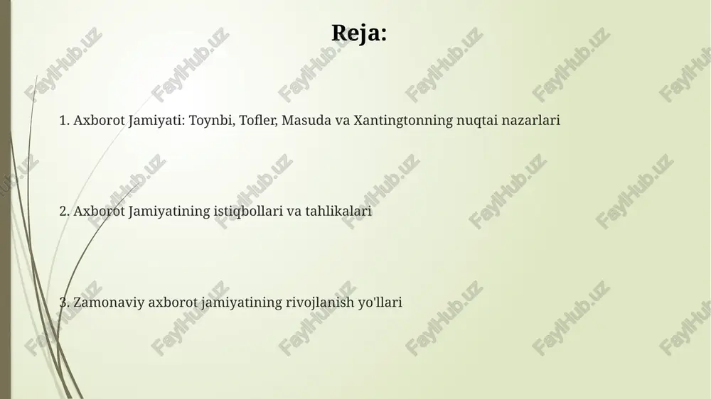 zaro bog'liqligiga olib keladi. axborot jamiyatida iqtisodiyotning rivojlanishi global yalpi ichki mahsulotning 70% dan ortig'ini xizmat ko'rsatish sohasi tashkil etadi, bu esa yuqori texnologiyalar va bilimlarga asoslangan iqtisodiyotning o'sishini ko'rsatadi. axborot jamiyati tushunchasi masuda yoichiro axborot jamiyatini global miqyosda 5 ta asosiy xususiyat bilan tavsiflaydi: elektronlashtirish, tarmoqlashtirish, ma'lumotlarning ko'payishi, global integratsiya va axborot texnologiyalarining rivojlanishi. toynbee va huntington kabi olimlar axborot jamiyatining rivojlanishi jahon siyosatiga, global munosabatlarga sezilarli ta'sir ko'rsatishi, xususan, 10 dan ortiq global muammolarni keltirib chiqarishi mumkinligini ta'kidlaydilar. axborot jamiyati, alvin tofflerning "uchinchi to'lqin" asarida batafsil bayon etilganidek, 3 ta asosiy bosqichdan – qishloq xo'jaligi, sanoat va axborot jamiyatlaridan biri hisoblanadi va bu 20-asr oxiri va 21-asr boshlarida shakllanmoqda. axborot jamiyatida ta'limning roli innovatsion ta'lim texnologiyalari, onlayn platformalar va ochiq ta'lim resurslaridan foydalanish, axborot jamiyatida ta'lim samaradorligini 30% ga oshirishi mumkin. hayot bo'yi ta'lim tamoyili, axborot jamiyatining doimiy ravishda o'zgarib turuvchi tabiati tufayli, kamida 5 yilda bir marta …