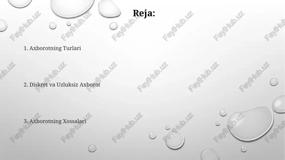 chegaralanadi; masalan, 10 ta tovush chastotasi oralig'idan faqat bittasini tanlash mumkin, yuqori aniqlik esa ko'proq qiymatlarni talab qiladi, bu esa ma'lumot hajmini oshiradi. diskret axborot misollari raqamli tasvirlar, masalan, 1024x768 pikselli rasm, diskret axborotning ajoyib misolidir, chunki u cheklangan sonli piksellardan iborat bo'lib, har bir piksel aniq rang qiymatiga ega. matnli fayllar, masalan, 256 ta belgi bo'lgan hujjat, diskret axborotni ifodalaydi, chunki har bir belgi aniq kodlash sxemasiga ega bo'lgan diskret birlik hisoblanadi. genetik kod, 4 ta nukleotid (a, t, g, c)dan tashkil topgan dnk ketma-ketligi, diskret axborotning muhim misolidir, chunki u aniq va cheklangan belgilar kombinatsiyasi orqali ifodalanadi. axborotni ifodalash usullari axborotni ifodalashning raqamli usuli 0 va 1 lar ketma-ketligidan, ya'ni ikkilik koddan foydalanishni o'z ichiga oladi, bu esa kompyuterlar uchun ma'lumotlarni saqlash va qayta ishlashni osonlashtiradi. analog axborot ifodalanishi uzluksiz fizik kattaliklar, masalan, kuchlanish yoki tovush to'lqinlari orqali ifodalanadi va 256 gradusli ranglar palitrasi kabi ko'plab oraliq qiymatlarni …