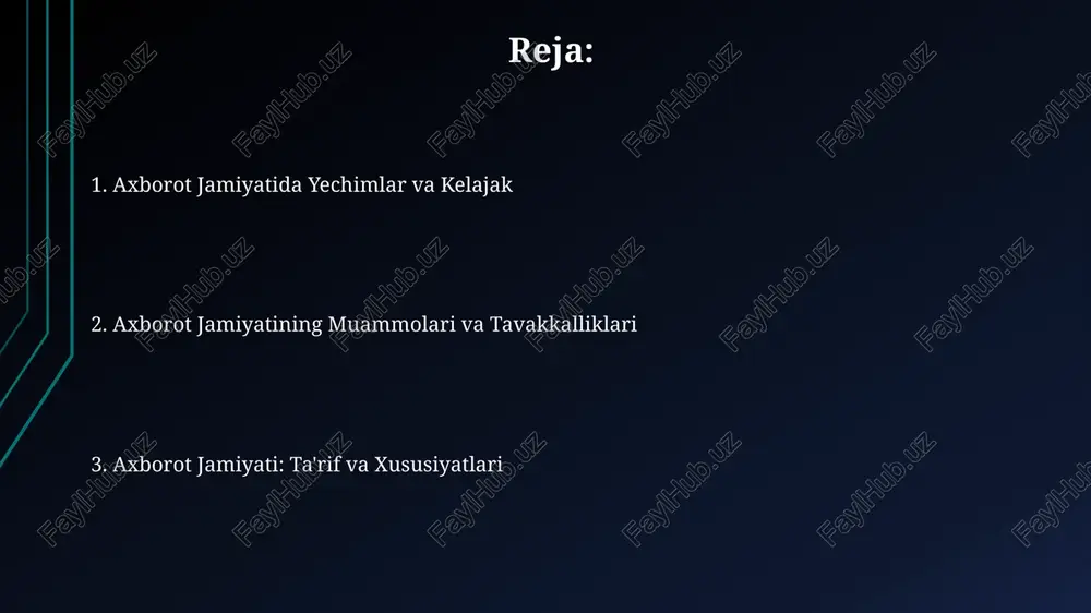 moqda, 2023 yilda bu ko'rsatkich 30% ga oshgan. axborotlashtirishning salbiy tomonlari axborotlashtirishning salbiy tomonlaridan biri – kiberxavfsizlik tahdidlarining ko'payishi, ya'ni shaxsiy ma'lumotlarning o'g'irlanishi va 100 minglab foydalanuvchilarni ta'sir qiluvchi katta miqyosdagi kiberhujumlarning kuchayishi. soxtalashtirish va dezinformatsiya tarqalishi kabi muammolar ommaviy axborot vositalarining 50% dan ortig'ida uchraydi, bu esa jamoatchilik fikriga salbiy ta'sir ko'rsatib, ishonchsizlikni kuchaytiradi. axborot jamiyatida ish bozori axborot jamiyatida yuqori malakali mutaxassislarga, masalan, ma'lumotlar tahlilchilari va dasturchilarga bo'lgan talab 30% ga oshgan, ammo past malakali kasb egalarining ish o'rinlari soni 15% ga kamaygan. axborot texnologiyalari sohasidagi ish haqi o'rtacha 40% ga yuqori bo'lib, bu yosh avlodni ushbu sohaga jalb qilmoqda, lekin raqobatni ham kuchaytirmoqda. axborot monopolismi va raqobat axborot monopolismi global miqyosda 5 ta yirik kompaniya qoʻlida 90% dan ortiq bozor ulushini egallagan holda, raqobat muhitini sezilarli darajada cheklab qoʻymoqda. kichik va oʻrta biznes sub'ektlarining axborot texnologiyalariga kirish imkoniyatlarining chegaralanganligi, axborot monopolismlarining rivojlanishiga va bozorning nomutanosib taqsimlanishiga olib …