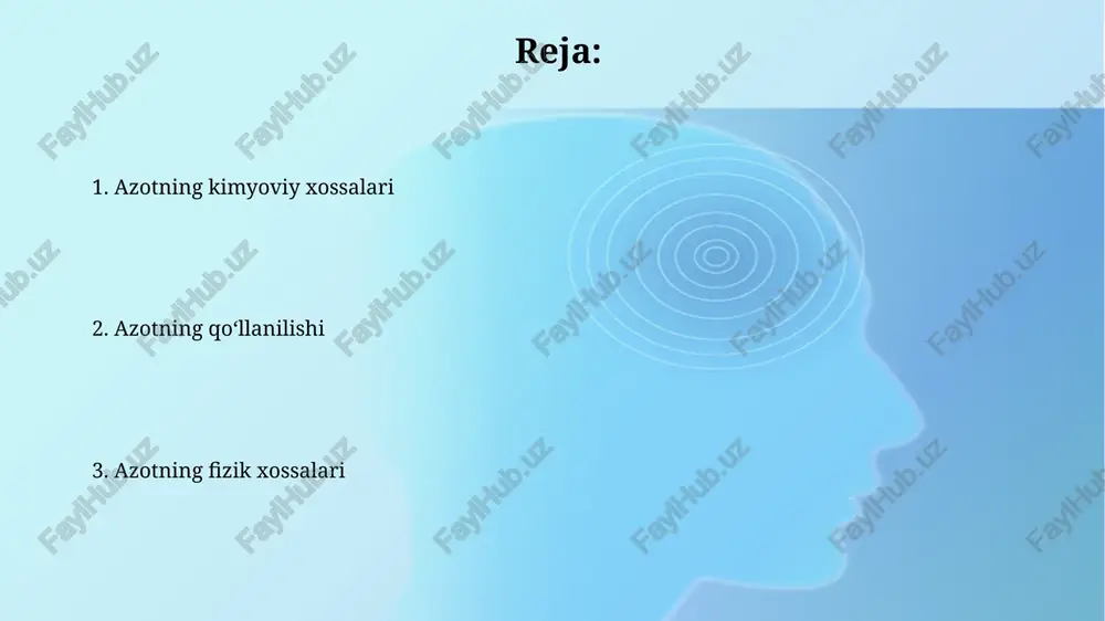 ing yuqori energiyali n≡n uch karra bog'lanishining kuchliligi bilan bog'liq bo'lib, bu bog'lanishni uzish uchun 946 kj/mol energiya talab etiladi. azotning reaktivligi birikmalarida oksidlanish darajasi -3 dan +5 gacha o'zgarishi mumkinligini ko'rsatadi, bu esa uning turli xil kimyoviy birikmalar hosil qilish qobiliyatini namoyish etadi. azot atomining oksidlanish darajasi ammiak (nh₃) da azotning oksidlanish darajasi -3 ga teng, chunki vodorod +1 valentlikka ega. azot oksidlarida (masalan, n₂o, no, no₂, n₂o₅) azotning oksidlanish darajasi +1 dan +5 gacha o'zgaradi, bu birikmalarning tuzilishi va xossalarini belgilaydi. azotning biologik ahamiyati atmosferadagi azotning 78% ni o'simliklar bevosita o'zlashtira olmaydi, shuning uchun tuproq bakteriyalari uni nitratlarga aylantirib, o'simliklar uchun o'zlashtiriladigan holatga keltiradi. azot o'simliklarning oqsil, nuklein kislotalar va xlorofill sintezida muhim rol o'ynaydi, bu jarayonlar o'simliklarning o'sishi va rivojlanishi uchun zarur bo'lgan 16 ta asosiy elementlarning bir qismidir. azotning elektron tuzilishi ushbu juftlashmagan 3 ta elektron tufayli azot uchta kovalent bog'lanish hosil qila oladi va ko'plab …