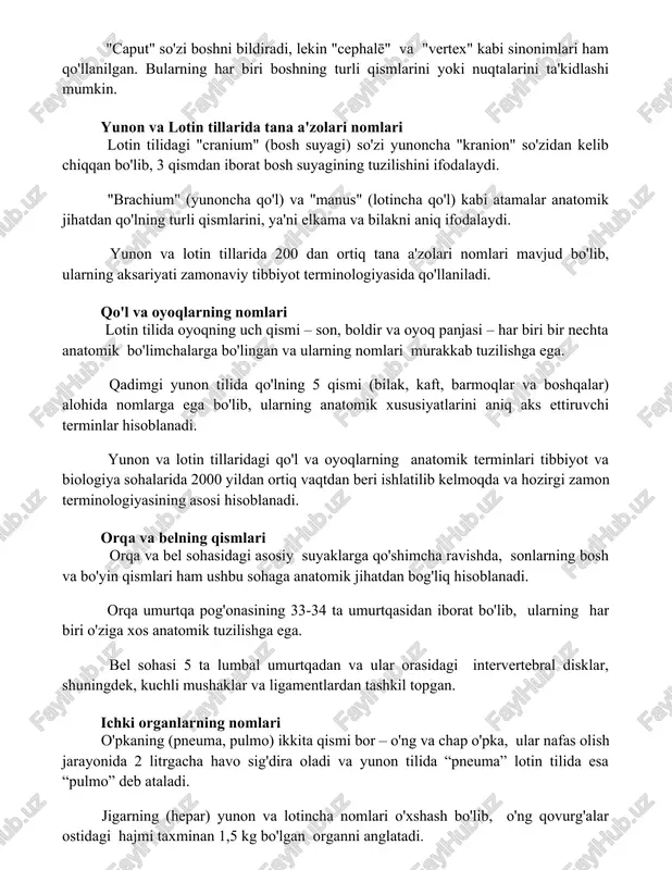 tin tillarida tana a'zolari nomlari lotin tilidagi "cranium" (bosh suyagi) so'zi yunoncha "kranion" so'zidan kelib chiqqan bo'lib, 3 qismdan iborat bosh suyagining tuzilishini ifodalaydi. "brachium" (yunoncha qo'l) va "manus" (lotincha qo'l) kabi atamalar anatomik jihatdan qo'lning turli qismlarini, ya'ni elkama va bilakni aniq ifodalaydi. yunon va lotin tillarida 200 dan ortiq tana a'zolari nomlari mavjud bo'lib, ularning aksariyati zamonaviy tibbiyot terminologiyasida qo'llaniladi. qo'l va oyoqlarning nomlari lotin tilida oyoqning uch qismi – son, boldir va oyoq panjasi – har biri bir nechta anatomik bo'limchalarga bo'lingan va ularning nomlari murakkab tuzilishga ega. qadimgi yunon tilida qo'lning 5 qismi (bilak, kaft, barmoqlar va boshqalar) alohida nomlarga ega bo'lib, ularning anatomik xususiyatlarini aniq aks ettiruvchi terminlar hisoblanadi. yunon va lotin tillaridagi qo'l va oyoqlarning anatomik terminlari tibbiyot va biologiya sohalarida 2000 yildan ortiq vaqtdan beri ishlatilib kelmoqda va hozirgi zamon terminologiyasining asosi hisoblanadi. orqa va belning qismlari orqa va bel sohasidagi asosiy suyaklarga …