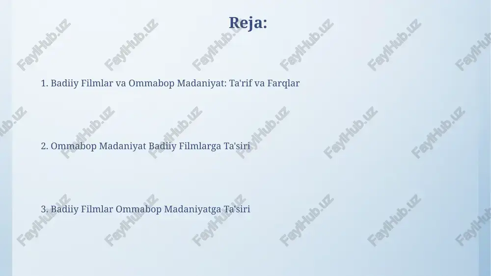 ko'payishi kutilmoqda. badiiy filmlar va ommabop madaniyatning o'zaro ta'siri ommabop madaniyatdagi 70% dan ortiq tendentsiyalar, masalan, kostyumlar, musiqa va til, badiiy filmlar orqali keng jamoatchilikka tarqalgan, bu ularning kuchli ta'sirini ko'rsatadi. 1990-yillardan so'ng, mustaqil badiiy filmlar sonining o'sishi, ommabop madaniyatga ulardan ta'sirining kuchayishiga va 5 dan ortiq yangi kinorejissor maktablarining paydo bo'lishiga olib keldi. ommabop madaniyatning badiiy filmlarga ta'siri oʻzbek ommabop madaniyatidagi 30 yildan ortiq davom etgan musiqa trendlari badiiy filmlarning saundtreklariga va umumiy estetikasiga sezilarli ta'sir koʻrsatdi, shu jumladan, repertuar va vizual uslublarga. oʻzbekiston badiiy filmlarining 70% dan ortigʻi ommabop madaniyatning ta'siri ostida yaratilgan boʻlib, bu ijtimoiy muammolarni aks ettirishda realizm darajasini oshirishga yordam bergan. badiiy filmlar va ommabop madaniyat: ta'rif va farqlar ommabop madaniyatda tarqalgan 10 ta filmdan faqat 2 tasi badiiy film sifatida qaralishi mumkin, qolganlari esa asosan tijoriy maqsadlarga yo'naltirilgan. badiiy filmlar, ommabop madaniyatga nisbatan, o'rtacha 20% kamroq tomoshabinni jalb qiladi, ammo tanqidchilar va kino ixlosmandlari …