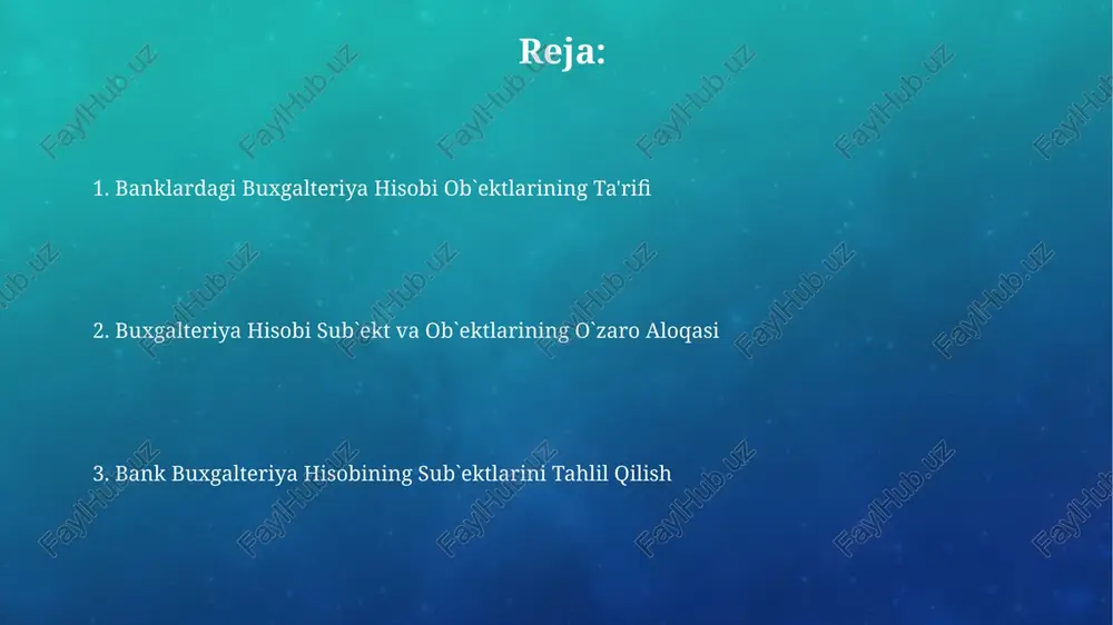 an qismi sugʻurta kompaniyalari tomonidan qayta sugʻurta qilingan boʻlishi mumkin, bu esa bankning xavflarini kamaytiradi. banklardagi kredit portfeli 50% dan ortiq miqdorda korxonalarga berilgan kreditlardan, qolgan qismi esa shaxslarga berilgan iste’mol kreditlaridan iborat boʻlishi mumkin. bank hisobida foyda va zarar bank hisobida foyda va zarar hisobi, aktivlar va majburiyatlarning o'zgarishi natijasida aniqlanadi, masalan, 2023 yilda kredit portfeli 15% ga o'sgan bo'lsa, bu foyda o'sishini ko'rsatishi mumkin. bank hisobidagi foyda va zarar hisobotida, soliqlarni hisobga olgan holda, sof foyda yoki zarar ko'rsatiladi; bu raqam investorlar va regulyatorlar uchun muhim ko'rsatkich hisoblanadi, masalan 20% soliq stavkasi bilan. aktivlar: qimmatli qog'ozlar banklarning aktivlarida qimmatli qog'ozlar, masalan, davlat obligatsiyalari yoki korporativ aksiyalari, 10% dan yuqori rentabellik keltirishi mumkin, ammo ularning likvidligi past bo'lishi mumkin. qimmatli qog'ozlar portfeli tarkibida turli xil aktiv sinflarini, jumladan, 5 yillik muddatli obligatsiyalar va 1 yillik muddatli qisqa muddatli qog'ozlarni muvozanatlashtirish, xavfni diversifikatsiya qilishga yordam beradi. bank hisobining audit va …
