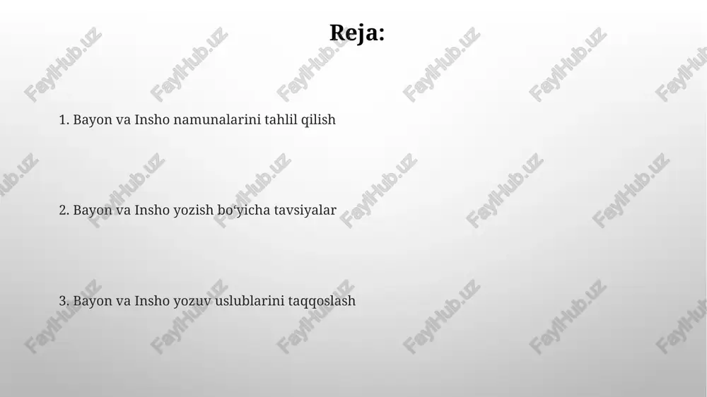 i mumkin. bayon, mantiqiy fikrlashni va 3-4 ta asosiy fikr atrofida dalillar keltirishni talab qilsa, insho esa shaxsiy tajriba va his-tuyg'ularga ko'proq urg'u beradi. inshoning tuzilishi va xususiyatlari inshoning til uslubi rasmiy, aniq va tushunarli bo'lishi kerak, lug'at boyligi va grammatik to'g'riligi 90% dan kam bo'lmasligi lozim. inshoda 5-7 ta fikrni bayon qilish tavsiya etiladi, har bir fikr alohida xatboshida yoziladi va dalillar bilan qo'llab-quvvatlanadi. e'tiboringiz uchun rahmat @taqdimot_robot image3.png image4.jpg image5.jpg image6.jpg image7.jpg image8.jpg image9.jpg image10.jpg image1.png