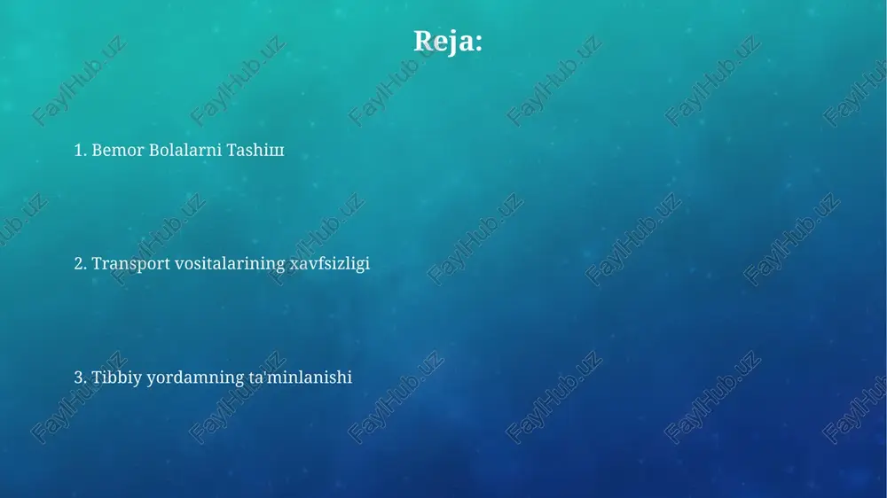 imcha tekshiruvlar (masalan, qon tahlillari) kiritilishi mumkin. favqulodda vaziyatlarga tayyorgarlik favqulodda vaziyatlarda bolalarni transport vositalarida tashib o'tish uchun kamida 2 ta tayyor reja mavjud bo'lishi kerak, ular har xil vaziyatlar (masalan, yo'l-transport hodisasi yoki tabiiy ofat) uchun moslashtirilgan bo'lishi zarur. bolalarni tashiydigan transport vositalarining texnik holati muntazam ravishda tekshirilishi, kamida har 3 oyda bir marta profilaktika tekshiruvidan o'tishi shart. ota-onalar bilan muloqot ota-onalarning 70% dan ortig'i bolalarini kasalxonaga yetkazishda tez yordam xizmatlaridan foydalanishni afzal ko'rishlarini so'rov natijalari ko'rsatdi. ota-onalar bilan samarali muloqotni o'rnatish uchun 3 bosqichli strategiya (baholash, rejalashtirish, amalga oshirish) qo'llanilishi tavsiya etiladi. tez tibbiy yordam tizimi tez tibbiy yordam mashinalarining 85% dan ortig'i intensiv terapiya uskunalari, jumladan, defibrilyator va sun'iy nafas olish apparatlari bilan jihozlangan. o'rtacha tez tibbiy yordam brigadasi yiliga 500 dan ortiq bolani turli kasalliklar bilan bog'liq holda tashiydi, bu esa tizimning yuklamaligi va samaradorligini ko'rsatadi. samaradorlikni oshirish yo'llari bolalar kasalxonalari va tez tibbiy yordam punktlari …