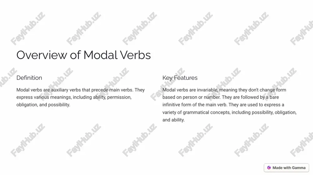 sleep." 2 o���ø t¾ similar to should, but implies a stronger moral obligation. "you ought to be more respectful." https://gamma.app/?utm_source=made-with-gamma e�áäpìì�µ� dpj�cø�¾µ aµj l¾��ca« rpaì¾µ�µ�: m�ìø, caµ'ø 1 m�ìø indicates a logical certainty. "the lights are on, so someone must be home." 2 caµ'ø expresses a logical impossibility. "it can't be raining, the sun is shining." https://gamma.app/?utm_source=made-with-gamma expressing permission: may, can, could 1 may formal permission. "you may leave early today." 2 can informal permission. "you can use my phone." 3 could polite request for permission. "could i borrow your pen?" https://gamma.app/?utm_source=made-with-gamma expressing willingness and intention: will, would 1 will expresses future intention. "i will help you with your homework." 2 would expresses willingness or politeness. "i would love to go to the movies." https://gamma.app/?utm_source=made-with-gamma common mistakes and confusions with modal verbs 1 confusion mixing up modal verbs with similar meanings. "i must go to the store" vs. "i have …