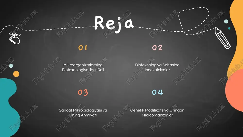 'lishi uchun ishlab chiqilgan. o'simliklar himoyasi, oziq-ovqat ishlab chiqarish va tibbiyot sohasida ulkan imkoniyatlar yaratadi. 01 bunday mikroorganizmlar, masalan, atrof-muhitni tozalashda va bioyoqilg'i ishlab chiqarishda muhim rol o'ynashi mumkin. genetik modifikatsiya usullari yordamida ularning samaradorligini oshirish va yanada foydali xususiyatlar qo'shish mumkin bo'ladi. 02 ekologik biotexnologiya va mikroorganizmlar ekologik biotexnologiya atrof-muhitni muhofaza qilish va tabiiy resurslarni samarali boshqarish uchun o'simliklar, hayvonlar va mikroorganizmlardan foydalanishni o'z ichiga oladi. ushbu texnologiyalar orqali ifloslangan muhitni tiklash va ekologik balansni saqlash mumkin. fermentatsiya jarayonlarida mikroorganizmlar fermentatsiya jarayonlarida mikroorganizmlar muhim rol o'ynaydi. ushbu organizmlar organik moddalarni fermentatsiya qiluvchi enzimlarni ishlab chiqaradi, natijada spirtli ichimliklar, xamirturushli non va sut mahsulotlari hosil bo'ladi. fermentatsiya, shuningdek, oziq-ovqat saqlashda ham qo'llaniladi. 01 mikroorganizmlar xilma-xil shakllarda uchraydi, masalan, bakteriyalar, zamburug'lar va xamirturushlar. ularning har biri oziq-ovqat sanoatini optimallashtirishda turli xildagi moddalarga ayiradi. hozirgi kunda biotexnologik innovatsiyalar bilan fermentatsiya jarayonlari takomillashtirilmoqda. 02 mikrobial fermentlar va ularning ilovalari mikrobial fermentlar tabiiy biologik …