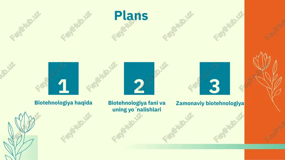 mida ishlab chiqarilgan mahsulotlardir. probiotiklar, masalan, lactobacillus sog'liqni saqlashda muhim rol o'ynaydi. biologik tozalash biologik tozalash - atrof-muhitni mikroorganizmlar yordamida tozalash jarayoni. misol uchun, neft oqimi uchun maxsus bakteriyalar ishlatiladi. photo by annie spratt on unsplash biotehnologiya fani haqida umumiy maʼlumot biotehnologiya ta'rifi biotehnologiya, mikroorganizmlardan foydalanib, turli mahsulotlar va jarayonlarni ishlab chiqarish fanidir. tarixi va muhim yoʻnalishlar biotehnologiya xx asrning o'rtalarida rivojlana boshladi. asosiy yoʻnalishlar: mikrobiologiya, genetik muhandislik, bioinformatika, farmatsevtika va qishloq xo'jaligi biotehnologiyasi. photo by cameron witney on unsplash biotehnologiyaning asosiy yoʻnalishlari mikrobiologiya mikrobiologiya, mikroorganizmlarni o‘rganadigan fan bo‘lib, biotexnologiyada muhim rol o‘ynaydi. u mikroblar yordamida turli xil mahsulotlar, masalan, oziq-ovqat, dori-darmonlar va bioyoqilg‘ilar ishlab chiqarishda qo‘llaniladi. mikroorganizmlar, shuningdek, atrof-muhitni tozalashda va biologik jarayonlarni optimallashtirishda muhimdir. ularning ko‘pligi va xilma-xilligi biotexnologik jarayonlarni yanada samarali qilish imkonini beradi. genetik muhandislik genetik muhandislik, organizmlarning genetik materialini o‘zgartirishga qaratilgan ilmiy soha bo‘lib, biotexnologiyada keng qo‘llaniladi. bu jarayon orqali yangi xususiyatlarga ega mikroorganizmlar ishlab …