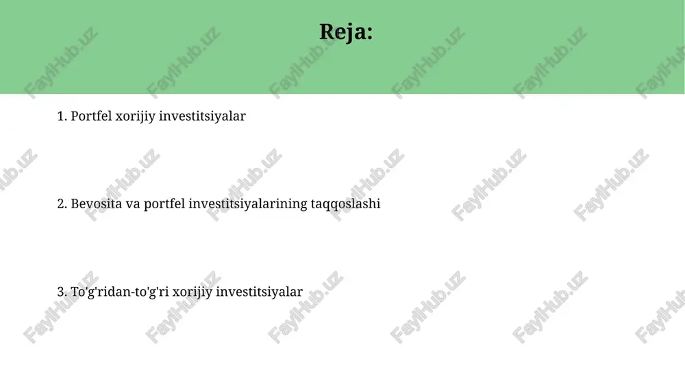 q qismini yuqori rentabellikli, lekin yuqori xavfli aktivlarga kiritish tavsiya etilmaydi, chunki bu zararni 40% gacha oshirishi mumkin. xavflarni baholashda, "value at risk" (var) modeli yordamida 95% ishonch darajasida, 10 kunlik muddat ichida portfel qiymati 5% dan ortiq kamayish ehtimolini aniqlash mumkin. o'zbekistondagi to'g'ridan-to'g'ri va portfel investitsiyalari oʻzbekistonga 2022-yilda toʻgʻridan-toʻgʻri xorijiy investitsiyalar hajmi 3,7 milliard aqsh dollarini tashkil etdi, bu umumiy investitsiyalar hajmining 60% dan ortigʻini tashkil etadi. toʻgʻridan-toʻgʻri xorijiy investitsiyalarning asosiy yoʻnalishlari qatoriga neft-gaz, metallurgiya va toʻqimachilik sanoati kiradi, bu sohalarga 2021-yilda 1 milliard dollardan ortiq investitsiya kiritilgan. investitsiyalarni jalb qilishning kamchiliklari noto'g'ri investitsiya siyosati oqibatida 5-10% daromadni yo'qotish xavfi mavjud, bu esa milliy iqtisodiyotga salbiy ta'sir ko'rsatadi va investitsiyalarni qaytarish muddatini uzaytiradi. investitsiyalarni jalb qilish jarayoni yuqori transsaktsion xarajatlar bilan bog'liq bo'lib, huquqiy maslahatlar, audit va boshqa xizmatlarga 10-15% gacha qo'shimcha mablag' talab qilishi mumkin. e'tiboringiz uchun rahmat @taqdimot_robot image1.jpg image2.jpg image3.jpg image4.jpg image5.jpg image6.jpg image7.jpg