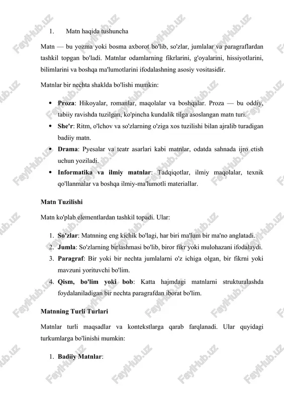 zuda o'rgatuvchi materiallar. 1. texnik hujjatlar: qurilmalar, dasturiy ta'minot yoki texnologik jarayonlarga oid ko'rsatmalar. 1. rasmiy matnlar: 2. maqola: yangiliklar, sharhlar yoki boshqa axborotlarni taqdim etadigan matnlar. 2. korrespondensiya: xat, email, rasmiy maktublar va boshqa xabarlarni uzatish vositasi. matnni tahlil qilishda quyidagi bosqichlar o'z ichiga olinadi: 1. matnni o'qish va tushunish: matnning umumiy mazmunini anglash va maqsadini tushunish. 1. struktural tahlil: matnning tuzilishini, jumla va paragraflarni o'rganish. 1. mavzu va g'oya: matnning asosiy g'oyasi yoki mavzusini aniqlash. 1. uslub va til: matnning yozilish uslubi, tili va uning maqsadga muvofiqligi. 1. tahlil va baho: matnni baholash, uning maqsadiga erishganligini, to'g'riligini va samaradorligini o'rganish. matn, ayniqsa yozma axborot, insonlar o'rtasidagi aloqaning asosiy vositasidir. u fikr almashish, bilimlar uzatish, tarixni saqlash va madaniy merosni meros qilib olish uchun muhimdir. matnlar orqali ijtimoiy, siyosiy va madaniy o'zgarishlar haqida ma'lumot olish mumkin. yozish - bu odamlar o‘z fikrlarini bildirishlari mumkin bo‘lgan asosiy va hayotiy aloqa …
