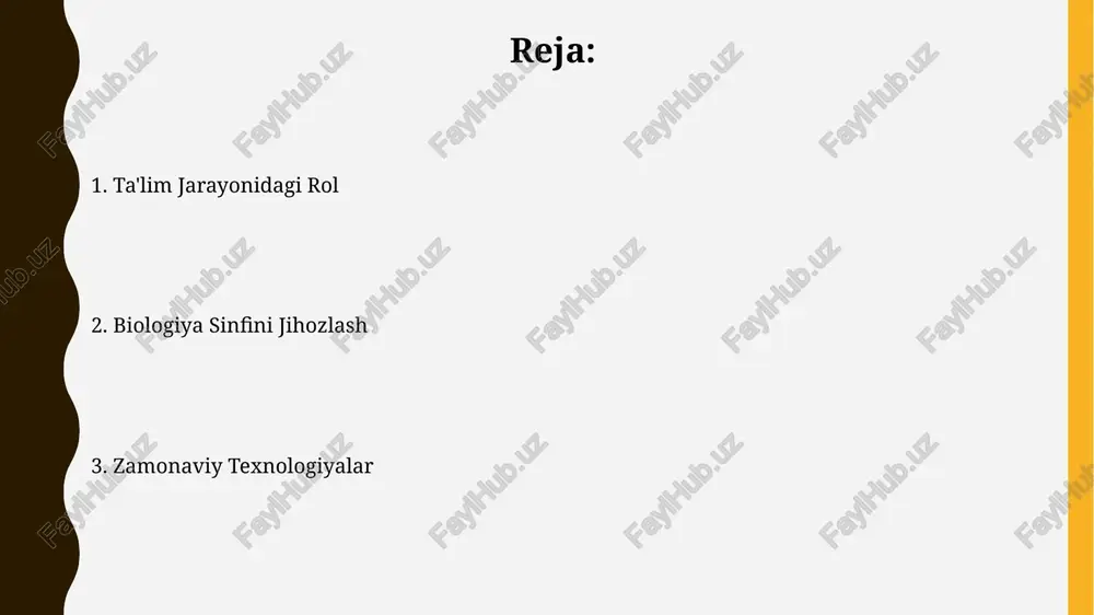 oladi. mikroskopiya va mikroskopik tayyorgarliklar mikroskopik preparatlarni tayyorlashda 5-10 mikrometr qalinlikdagi to'qimalarni kesish uchun mikrotom yoki o'tkir skalpel kerak bo'ladi. ranglash texnikalari hujayra tuzilmalarini aniqroq ko'rish imkonini beradi. o'quv jarayonida taxminan 20-30 turdagi tayyor mikroskopik preparatlar, hujayra, to'qima va organ namunalari bilan, o'quvchilarning amaliy ko'nikmalarini oshirish uchun foydali bo'ladi. biologiya sinfida loyiha ishlarini tuzish mikroskopik preparatlar tayyorlash va ularni 400x kattalashtirishda kuzatish orqali hujayra tuzilishi va funksiyalarini o'rganish uchun 15-20 ta turli xil hujayra namunasini qo'llash mumkin. hayvonlarning xulq-atvorini kuzatish va tahlil qilish uchun 2-3 hafta davomida 10 ta turli xil hayvonlarning harakatini kuzatish va video yozib olish orqali loyiha tayyorlash mumkin. virtual va kengaytirilgan voqelik texnologiyalari virtual va kengaytirilgan voqelik texnologiyalari 3d modellashtirish orqali murakkab biologik jarayonlarni, masalan, hujayra bo'linishi yoki fotosintezni, 10 baravar aniqroq va tushunarliroq ko'rsatishi mumkin. vr texnologiyalari yordamida o'quvchilar virtual laboratoriyalarda 5 ta xavfsiz tajriba o'tkazib, turli xil kimyoviy moddalar bilan ishlashni o'rganishlari mumkin, bu …