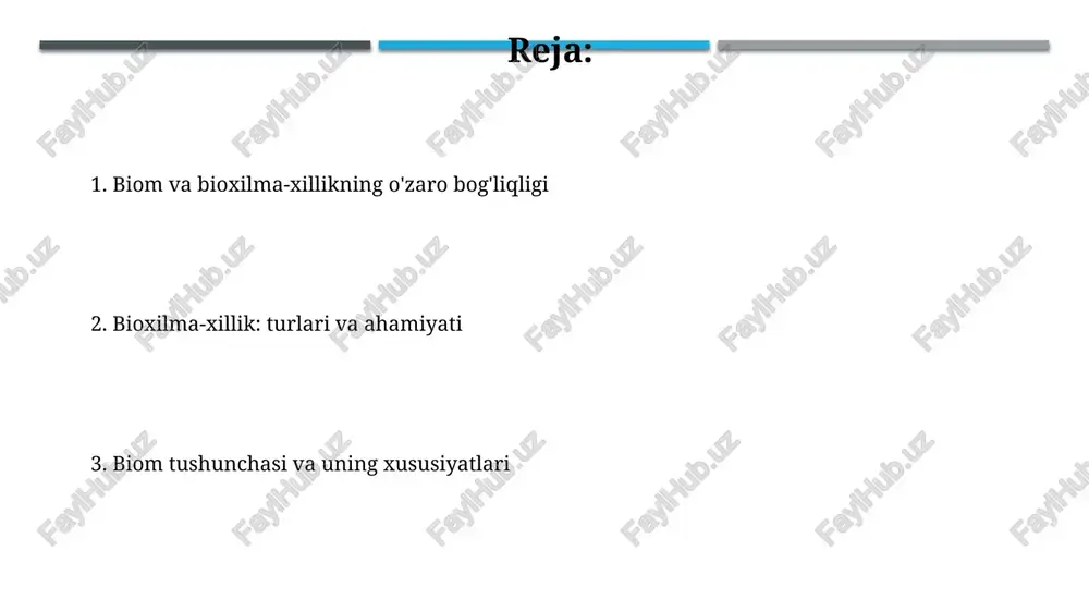 rli darajada kamaymoqda. inson faoliyati tufayli 30% dan ortiq o'simlik va hayvon turlarining yashash joylari yo'qolmoqda, bu esa biomlarga katta tahdid soladi va bioxilma-xillikni kamaytiradi. o'simliklar dunyosi oʻsimliklar dunyosi 350 000 dan ortiq maʼlum turlardan iborat boʻlib, ularning aksariyati tropik oʻrmonlarda, yaʼni yuqori bioxilma-xillik zonalarida joylashgan. oʻsimliklarning 80% dan ortigʻi quruqlikdagi ekosistemalarni tashkil qiladi va fotosintez jarayoni orqali yer sayyorasidagi kislorodning asosiy manbai hisoblanadi. biom turlari biom turlarining 10 dan ortiq asosiy guruhi mavjud bo'lib, har biri o'ziga xos iqlim sharoiti, o'simlik va hayvonot dunyosi bilan ajralib turadi, ularning har birida minglab turdagi organizmlar yashaydi. biom chegaralari aniq emas va bir-biriga asta-sekin o'tib ketadigan ekotonlar deb ataladigan o'tish zonalari mavjud bo'lib, bu zonalarda turli biomlarga xos bo'lgan turlar birgalikda yashaydi. biom xilma-xilligi biom xilma-xilligining pasayishi, 20-30% ga yaqin turlarning yo'q bo'lib ketish xavfi ostida ekanligi, ekosistemaning barqarorligi uchun jiddiy tahdid hisoblanadi. tropik o'rmonlar biom xilma-xilligining eng yuqori ko'rsatkichlaridan biri hisoblanadi, …
