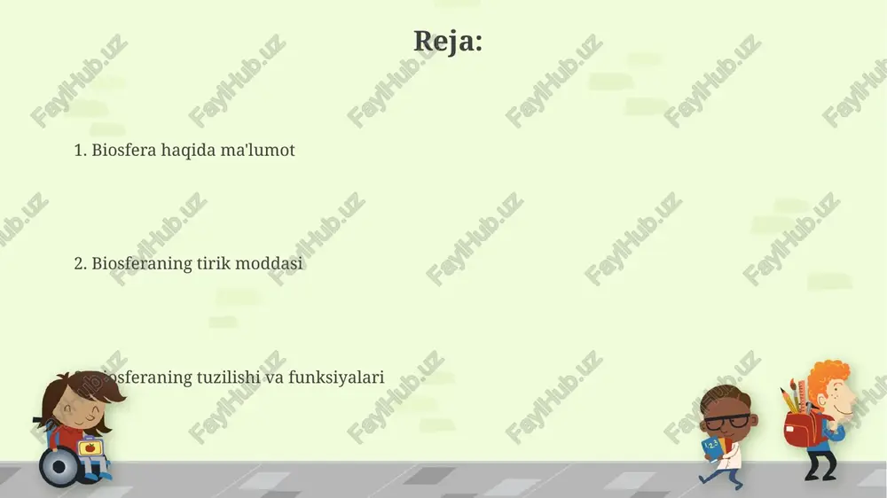 qiladi. bu jarayon milliardlab yillar davomida bosqichma-bosqich rivojlangan. gidroxermal oqmalarda, vulqon faoliyati natijasida paydo boʻlgan yuqori haroratli va kimyoviy jihatdan boy muhitda, hayotning paydo boʻlishi uchun zarur boʻlgan energiya va kimyoviy moddalar yetarli boʻlgan. bu jarayonlar 4 milliard yildan ortiq vaqt oldin boshlangan boʻlishi mumkin. biogeokimyoviy sikllar fosfor biogeokimyoviy siklida, o'simliklar tomonidan o'zlashtirilgan va hayvonlarga o'tkazilganidan so'ng, taxminan 10-15% fosfor qayta tuproqqa qaytadi, qolgan qismi esa suv havzalari yoki chuqur qatlamlarga ketadi. biogeokimyoviy sikllarning 90% dan ortig'i yer yuzasining yuqori 100 metr qatlamida, atmosfera, gidrosfera va litosferaning o'zaro ta'sir zonasida sodir bo'ladi, bu erda organizmlar faol ishtirok etadi. tirik moddaning asosiy xususiyatlari tirik modda yuqori darajadagi tashkilotga ega boʻlib, hujayralar, toʻqimalar, organlar va sistemaslardan iborat boʻlib, murakkab oʻzaro bogʻliqlikni namoyish etadi. tirik moddaning asosiy xususiyatlaridan biri – oʻz-oʻzini koʻpaytirish qobiliyati boʻlib, bu jarayon dnkdagi genetik ma’lumotlar asosida amalga oshadi va avlodlar davomiyligini ta’minlaydi. biosferaning chegaralari biosferaning chegaralari dinamik va oʻzgaruvchandir; …