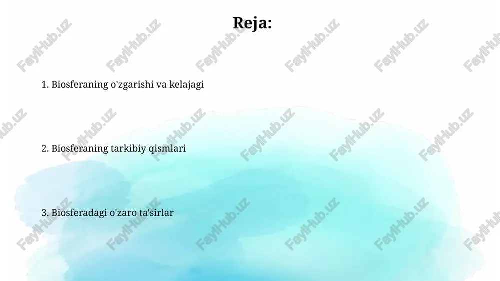 tiq quyosh energiyasini yutadi va qayta tarqatadi. biosferaning muhim funksiyalaridan biri – atrof-muhitning o'z-o'zini tartibga solishidir, bu jarayon 100 dan ortiq turli xil biologik va geokimyoviy jarayonlar orqali amalga oshiriladi. biosferaning o'z-o'zini tartibga solish mexanizmlari biosferada 100 000 dan ortiq turdagi o'simlik va hayvonlarning o'zaro bog'liqligi, oziq-ovqat zanjiri orqali muvozanatni saqlashda muhim rol o'ynaydi, biogeokimyoviy sikllarni boshqaradi. biosferaning o'z-o'zini tartibga solishida bakteriyalar va qo'ziqorinlar kabi dekompozitorlarning rolini inobatga olish muhim, ular organik moddalarni mineralizatsiya qilib, biogeo kimyoviy aylanishni ta’minlaydi. biosfera: ta'rif va chegaralar biosfera yer sayyorasining barcha tirik organizmlar va ularning yashash muhitini oʻz ichiga olgan qatlamidir, qalinligi taxminan 20 km ga yetadi va litosfera, gidrosfera va atmosfera bilan chambarchas bogʻliq. biosferaning chegaralari aniq belgilangan emas, chunki hayot turli muhitlarda, masalan, 11 km balandlikdagi atmosfera qatlamlarida ham mavjud. biosferani muhofaza qilish yo'llari atrof-muhit ifloslanishiga qarshi kurashishda qayta ishlash va chiqindilarni qayta ishlash texnologiyalarini joriy etish, chiqindilar hajmini 20% ga kamaytirib, …