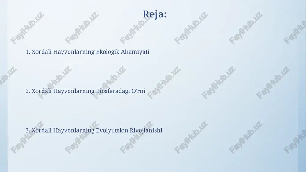 turni ishlab chiqish va sinovdan o'tkazish orqali biotexnologiya va immunologiya sohalarida yangi yutuqlarga erishish mumkin. chordata hayvonlarining bioxilma-xilligini saqlash bo'yicha 10 yillik strategiyani ishlab chiqish va uning samaradorligini baholash uchun katta ma'lumotlar to'plamini tahlil qilish zarur. xordalilarning tuproq hosil bo'lishiga ta'siri xordalilarning, xususan, yer qurti kabi chuvalchangsimon turlarining, tuproq unumdorligini oshirishdagi roli, yillik 10-20 sm gacha bo'lgan tuproqni havalandırish orqali amalga oshiriladi. xordalilarning o'lik organik moddalarni parchalashdagi ishtiroki, 50% gacha bo'lgan organik moddalarning mineralizatsiyasini ta'minlaydi va shu bilan tuproq unumdorligini oshiradi. xordalilarning biotik va abiotik omillar bilan o'zaro ta'siri dengiz xordalilarining bioluminesensiyasi kabi xususiyatlari, planktonlarning 20% gacha bo'lgan qismini o'ziga jalb qilib, oziq-ovqat zanjiri dinamikasiga ta'sir qiladi. quruqlikdagi xordalilar, masalan, 1000 ga yaqin o'simlik turlarini changlatishda ishtirok etib, o'simlik bioturliligi va tarqalishida muhim rol o'ynaydi. xordalilarning taksonomiyasi va xilma-xilligi xordalilar subfiliumlari — cephalochordata, urochordata va vertebrata —ni o'z ichiga oladi, ularning har biri noyob xususiyatlarga va turli xil turlarga ega …