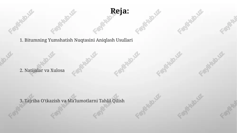 natijalari laboratoriya jurnali va sinov protokoliga yozib qo'yiladi. har bir sinov uchun kamida 2 ta parallel natija olinishi va ularning farqi 1°c dan oshmasligi shart. sinov namunalarini tayyorlash har bir sinov uchun 3 ta namunani tayyorlash tavsiya etiladi, natijalarni takrorlanuvchanligini ta'minlash va o'rtacha qiymatni aniq hisoblash uchun. namuna hajmi taxminan 100 gramm bo'lishi kerak, bu aniq natijalar olish uchun yetarli miqdor hisoblanadi va standart astm d36 talablariga javob beradi. sinov jarayonining bosqichlari belgilangan haroratga yetganda, 5 mm diametrli po'lat shar bitum yuzasiga tushiriladi va 5 sekund davomida 5 gramm og'irlik bilan bosiladi. bitum namunasi 250 ml hajmli standart sinov stakaniga joylashtiriladi va 5°c/min tezlikda isitiladi. sinov jarayoni davomida, bitumning yumshatilish nuqtasini aniqlash uchun ring va ball usuli qo'llaniladi. asbob-uskunalarni kalibrlash va tekshirish ring va sharsimon termometrlarni kalibrlashda 0,1°c aniqlikdagi standart termometrdan foydalanish tavsiya etiladi. bu aniqlik natijalarning ishonchliligini ta'minlaydi. bitum yumshash nuqtasini aniqlashda ishlatiladigan termometrlarni har yili kamida 2 marta, …