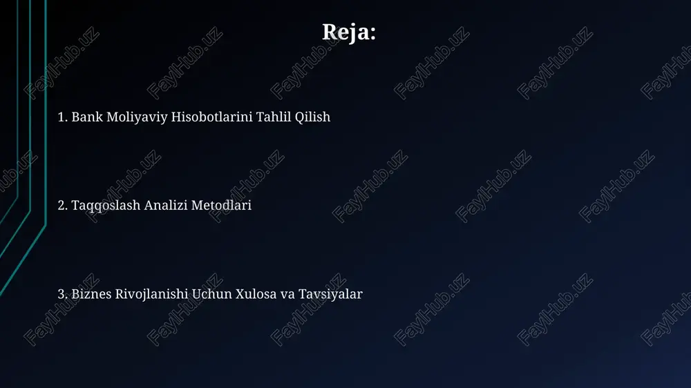 soblanadi. likvidlik nisbati (tezlik va umumiy likvidlik) kabi ko'rsatkichlar bankrotlik xavfini aniqlashda yordam beradi, masalan, 1 dan kam bo'lgan tezlik nisbati xavf signallarini beradi. bank moliyaviy hisobotlarini tahlil qilish bankning moliyaviy hisobotlarini tahlil qilishda, aktivlarning rentabellik ko'rsatkichi (roa) va o'z kapitaliga nisbatan aktivlarning rentabellik ko'rsatkichi (roe) kabi 2 ta asosiy ko'rsatkich 10% dan yuqori bo'lishi bankning sog'lom moliyaviy ahvolini ko'rsatadi. bankning likvidlik nisbatlarini (masalan, tezlik nisbati va joriy likvidlik nisbati) hisoblash, uning qisqa muddatli majburiyatlarini qoplash qobiliyatini baholashga imkon beradi va kamida 1.5 dan yuqori bo'lishi maqsadga muvofiqdir. qarz berish hajmining o'sishi va kredit portfelining sifati bankning daromadliligini belgilaydi. masalan, 5% dan yuqori bo'lgan yomon kreditlar darajasi bankning moliyaviy barqarorligiga tahdid soladi. moliyaviy xavflarni baholash moliyaviy xavflarni baholashda, 3 yildan ortiq davr uchun rentabellik koeffitsiyentlarini (roe, roa) tahlil qilish, kompaniyaning uzoq muddatli barqarorligini aniqlashga yordam beradi. to'lovga qobiliyatlilik nisbatlarini (current ratio, quick ratio) tahlil qilish orqali, kompaniya qisqa muddatli majburiyatlarini …