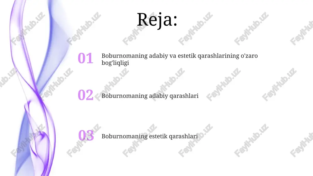 lar) uning estetik didini va adabiy mahoratini namoyon etadi, uning lirik qobiliyatini ochib beradi. “boburnoma”da bobur oʻzining 15 yillik hukmronligi davrida yuz bergan 3 ta muhim voqeani batafsil bayon qilib, siyosiy va harbiy strategiyasini aks ettiradi. asarning gʻoyaviy mazmuni jahon adabiyoti tarixida oʻziga xos falsafiy qarashlarni, jumladan, 7 ta asosiy mavzu doirasida insoniyatning maʼnaviy qiyofasi haqida fikrlarni ifodalaydi. voqealar syujeti va kompozitsiyasi asar kompozitsiyasi boburning shaxsiy tajribalari, siyosiy voqealar va harbiy yurishlarini aniq aks ettiruvchi 150 dan ortiq boblardan iborat bo'lib, tarjimai hol janriga kiradi. “boburnoma”dagi voqealar syujeti xronologik tartibda, bobur tug'ilgan 1483-yildan uning vafotiga qadar bo'lgan davrni qamrab oladi va 3 qismga bo'linadi. "boburnoma"ning syujeti markazida boburning amir temur avlodi sifatida o'z hokimiyatini mustahkamlashga bo'lgan kurashi va 15 ta davlatni zabt etishga oid harbiy strategiyasi yotadi. asarning badiiy ahamiyati “boburnoma”ning badiiy ahamiyati, uning she’riy tilga boyligi, obrazlilik va ramziylikka tayanishi, shuningdek, tarixiy faktlar bilan badiiy tafakkurning uyg'unligi bilan belgilanadi. …