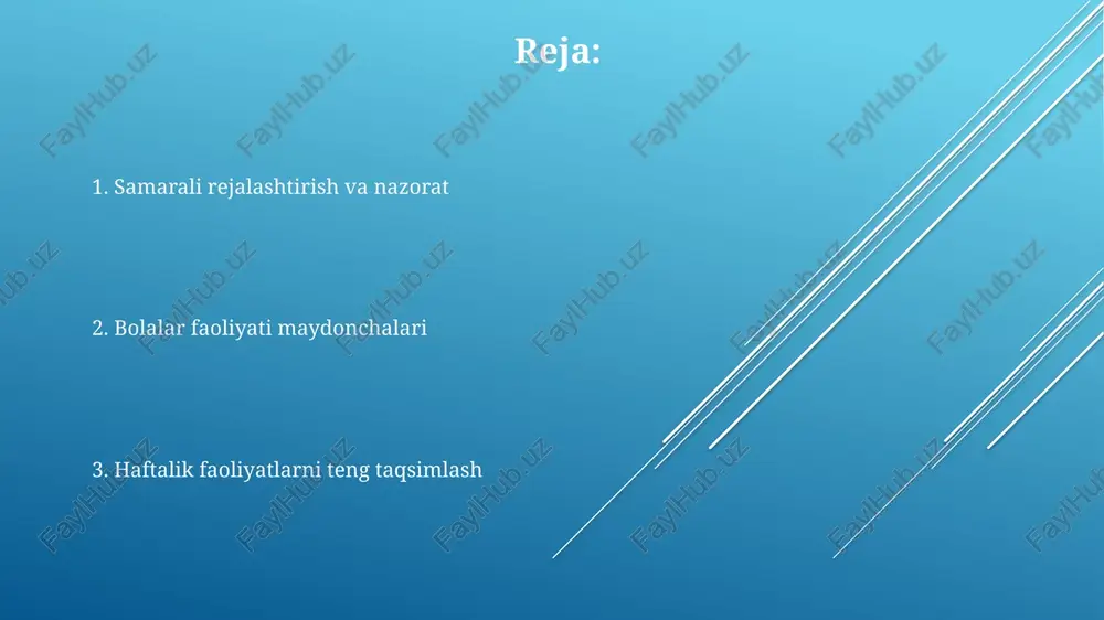 oq mashg’ulotlarga bo’lish samaraliroq bo’lishi mumkin. har xil faoliyat turlari bolalar uchun har xil faoliyat turlarining 3 turi – sport (masalan, 2 kunlik futbol mashg‘ulotlari), ijod (rasm chizish, 1 kun), va intellektual rivojlantirish (3 kunlik o‘yinlar, jumboqlar) bir hafta davomida teng taqsimlanishi kerak. hafta davomida kamida 5 xil faoliyat turi (musiqa, raqs, o‘qish, tabiat bilan muloqot, qo‘l mehnati) rejalashtirilishi va 2 kunlik dam olish kuni qo‘shilishi tavsiya etiladi, bu bolaning jismoniy va ruhiy holatini yaxshilashga yordam beradi. har bir faoliyat turi uchun ajratilgan vaqt miqdori yoshga va bolaning qiziqishlariga mos ravishda 15 minutdan 1 soatgacha o‘zgarib turishi mumkin. bu ularning e’tiborini saqlashga va zerikmasliklariga yordam beradi. e'tiboringiz uchun rahmat @taqdimot_robot