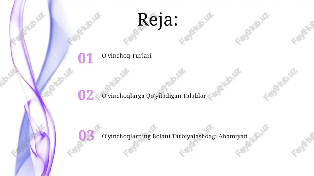 g'ini yaxshilashga va bolaning umumiy jismoniy rivojlanishiga ijobiy ta'sir ko'rsatadi, kamida 30 daqiqa jismoniy faollikni ta'minlaydi. ijtimoiy-emotsional rivojlanish uchun mo'ljallangan o'yinchoqlar (masalan, qo'g'irchoqlar, rol o'ynash uchun to'plamlar) bolaning empatiya, muloqot va hamkorlik qobiliyatlarini rivojlantirishga yordam beradi, bu ijtimoiy moslashuvchanlikni 15% ga oshirishi mumkin. o'yinchoqlarga qo'yiladigan talablar o'yinchoqlarning dizayni bolaning yoshi va rivojlanish bosqichiga mos kelishi, uning kognitiv, motor va ijtimoiy-emotsional rivojlanishiga ijobiy ta'sir ko'rsatishi kerak. 3 yoshgacha bo'lgan bolalar uchun mo'ljallangan o'yinchoqlar yuqori sifatli, toksik bo'lmagan bo'yoqlar bilan bo'yalgan bo'lishi va en 71 standartlariga javob berishi shart. o'yinchoqlar bardoshli va xavfsiz materiallardan tayyorlangan bo'lishi kerak, ularning yuzasida 2 mm dan kichik bo'lmagan mayda detallar bo'lmasligi lozim, chunki bu bolalar uchun xavf tug'dirishi mumkin. o'yinchoqlarning bolani tarbiyalashdagi ahamiyati oʻyinchoqlar bolaning kognitiv rivojlanishiga ijobiy taʼsir koʻrsatib, muammolarni yechish qobiliyatini 20% ga oshirishi mumkin, bu esa maktabdagi oʻqishga tayyorgarlikni yaxshilaydi. oʻyinchoqlar orqali bolalar muayyan mahoratlarni, masalan, nozik motorika (nozik harakatlar), muvozanat va qoʻl-koʻz …