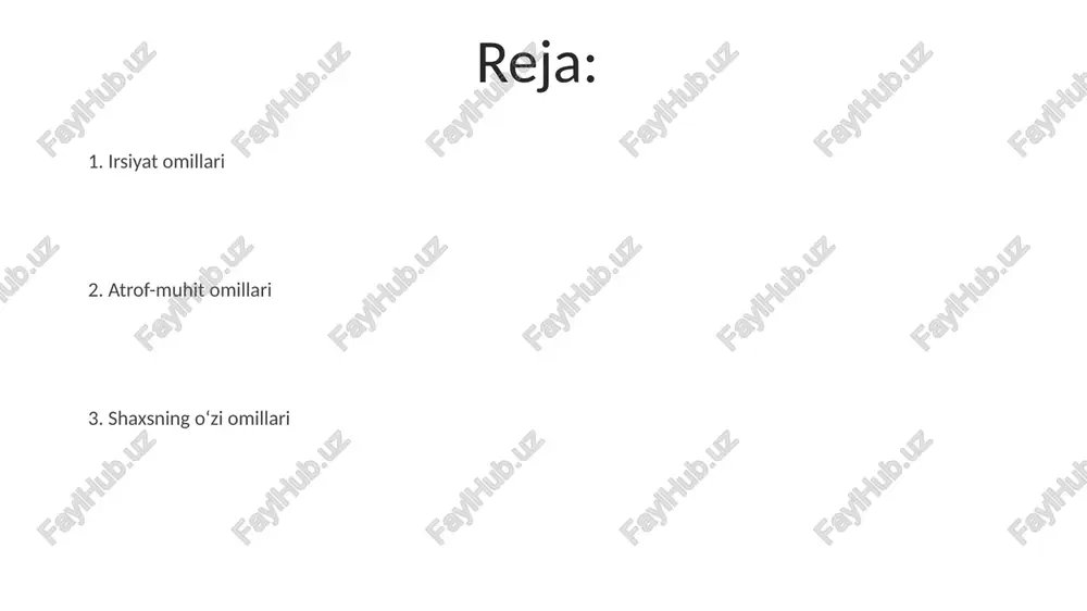 masalan, qashshoqlik yoki boylik, shaxsning motivatsiyasi, maqsadlari va hayotga bo'lgan munosabatini 10-15% darajasida o'zgartirishi mumkin. shaxsning o'z-o'zini anglashi shaxsiy o'z-o'zini anglashning 50% dan ortig'i genetik omillarga bog'liq bo'lib, qolgan qismi atrof-muhit va tarbiya ta'siriga to'g'ri keladi. introvert va extrovert kabi shaxsiyat xususiyatlari o'z-o'zini anglash darajasi bilan chambarchas bog'liq bo'lib, bu 2 omil bir-birini o'zaro ta'sir qiladi. erta bolalik tajribasi erta bolalik tajribasi, xususan 0-3 yosh oraligʻidagi munosabatlar, shaxsning birikma (attachment) uslubini shakllantirishda muhim rol oʻynaydi, bu esa keyingi hayot davomida munosabatlarga va hissiy regulyatsiyaga taʼsir qiladi. oilaviy muhitning iqtisodiy holati va ota-onalarning ta'lim darajasi, bolaning kognitiv rivojlanishi va shaxsiyat xususiyatlarining shakllanishiga 20% dan ortiq ta'sir ko'rsatadi. shaxsning o'ziga xos xususiyatlari o'ziga xos xususiyatlarni aniqlashda temperament (4 asosiy tip: sangvinik, flegmatik, xolerik, melanxolik) kabi tug'ma xususiyatlar va har bir insonning noyob qadriyatlari, qarashlari va maqsadlarini o'z ichiga olgan individual farqlar muhim rol o'ynaydi. shaxsning psixologik himoya mexanizmlarining (masalan, bostirish, proyeksiya, ratsionalizatsiya) …