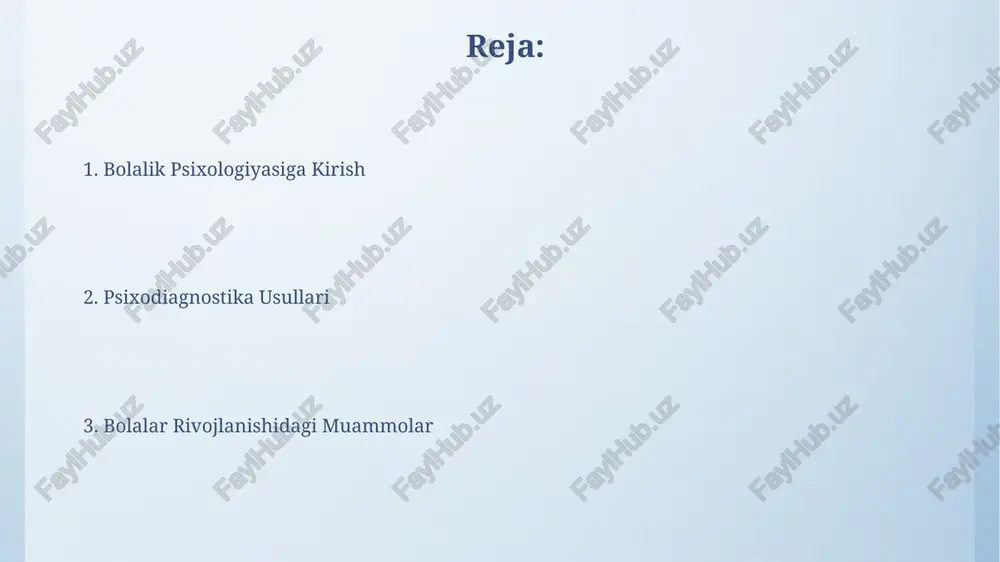lalik psixologiyasiga kirish bolalik psixologiyasi 0-3 yoshgacha bo'lgan davrni o'rganadi, bu davrda miya tez rivojlanadi va asosiy psixomotor ko'nikmalar, masalan, yurish va gapirish, shakllanadi. o'yin bolaning kognitiv, ijtimoiy-emotsional va jismoniy rivojlanishida muhim rol o'ynaydi, bu jarayonlarda taxminan 70% vaqt o'yinlarga bag'ishlanadi. o'rganish qiyinchiliklari organik qiyinchiliklar bolalarda neyro-rivojlanishning 20% gacha qismini tashkil qilishi mumkin va ko'pincha e'tibor yetishmovchiligi, giperaktivlik va boshqa o'rganish qiyinchiliklariga olib keladi. organik kelib chiqishli o'rganish qiyinchiliklariga tashxis qo'yish uchun psixologik testlar, neyropsixologik baholar va tibbiy ko'riklar, shu jumladan eeg va mri kabi vositalar qo'llaniladi. maktabga tayyorgarlik tayyorgarlik davrida bolaning ijtimoiy-emotsional rivojlanishiga baho berish uchun 20 ta savoldan iborat soʻrovnomalar va kuzatish metodlaridan foydalaniladi, bu bolaning oʻz tengdoshlari bilan munosabatlarini baholashga yordam beradi. maktabga tayyorgarlik jarayonida bolaning 5-7 yosh oraligʻidagi intellektual rivojlanish darajasini aniqlash uchun veksler bolalar intellekt shkalasi (wisc) kabi psixodiagnostik testlardan foydalanish mumkin. bolalardagi stress va uning oqibatlari bolalarda stressning 70% dan ortig'i oilaviy muammolar, ota-onalarning …