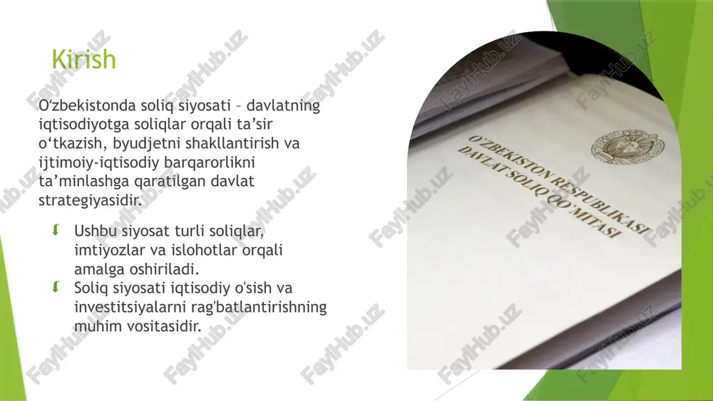 iq qonunchiligiga rioya qilish har bir fuqaro va korxonaning konstitutsiyaviy burchidir. adolatlilik (tenglik) soliq yuki soliq to‘lovchilar o‘rtasida ularning daromadlari yoki mol-mulki hajmiga mutanosib ravishda taqsimlanishi kerak. bu ijtimoiy adolat tamoyilini mustahkamlaydi. aniqlik va barqarorlik soliq qonunchiligi oldindan aniq bo‘lishi, soliq stavkalari, to‘lash muddatlari va tartibi oson tushunarli bo‘lishi zarur. tez-tez o‘zgaruvchan soliqlar investitsiya muhitiga salbiy ta’sir ko‘rsatadi. soddalik va samaradorlik soliq tizimini boshqarish xarajatlari uni undirishdan olinadigan daromaddan sezilarli darajada kam bo‘lishi lozim. soliq hisoboti va to‘lash jarayoni murakkab bo‘lmasligi kerak. 5 soliqqa tortish tamoyillarining amaliy ahmiyati yuqorida sanab o‘tilgan tamoyillarga rioya qilish nafaqat davlat byudjetining barqarorligini, balki mamlakatning investitsion jozibadorligini va fuqarolarning soliq madaniyatini ham oshiradi. amaliyotda bu quyidagilarni anglatadi: soliq yukini optimallashtirish progressiv soliq stavkalarini qo‘llash va ijtimoiy ahamiyatga ega loyihalar uchun soliq imtiyozlari berish orqali. imtiyozlar kichik va o‘rta biznesni qo‘llab-quvvatlashning asosiy vositasidir. qonunchilikni barqarorlashtirish soliq qonunchiligiga kiritiladigan o‘zgarishlarni oldindan e'lon qilish va ularni qisqa muddat …