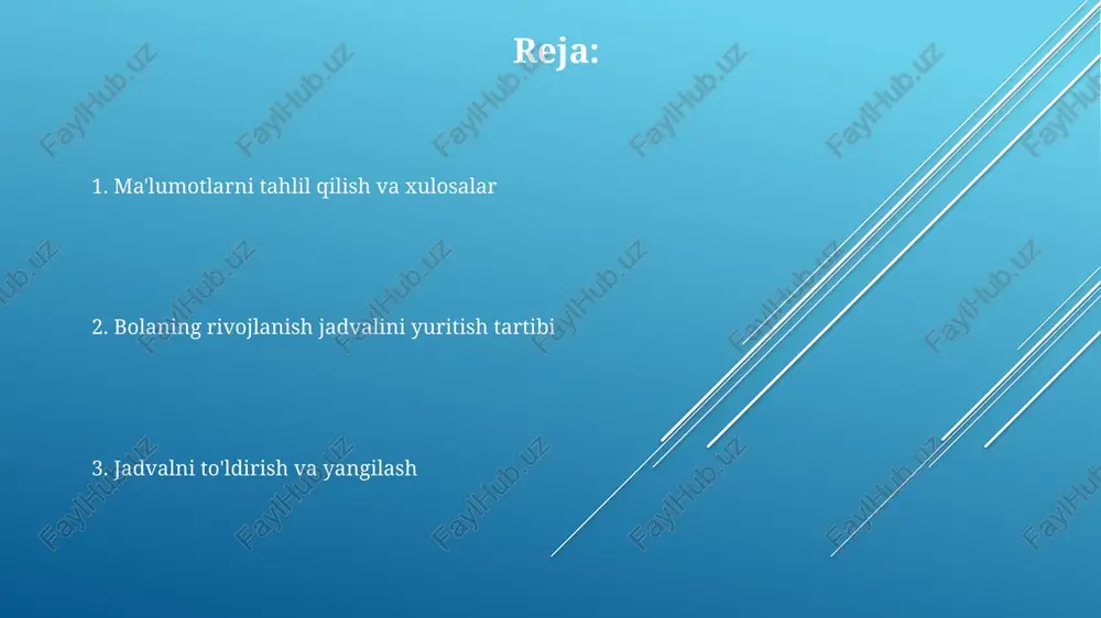 larini ifodalash qobiliyati, ya'ni 3-4 ta turli his-tuyg'uni (masalan, xursandchilik, g'azab, qo'rquv) aniq namoyon qilishi kuzatiladi va baholanadi. psixomotor rivojlanishni baholash gross-motor (yirik motor) ko'nikmalarini baholashda, masalan, 6 oylik bola o'tirishi, 9 oylik bola to'rt oyoqlab harakat qilishi kabi me'yorlarga e'tibor qaratish lozim. kechikishlar neurologik muammolarni ko'rsatishi mumkin. psixomotor rivojlanishni baholashda, denver ii rivojlanish skrini singari standartlashtirilgan testlardan foydalanish, bolaning rivojlanish darajasini aniqlash va yoshga mos keladigan ko'nikmalarni aniqlashda yordam beradi. psixomotor rivojlanishni baholashda, 0-12 oylik bolalarda qo'l va oyoq harakatlarini, boshi va tanasini ushlab turish qobiliyatini, shuningdek, o'tirish va yurishga tayyorgarlik holatini kuzatish muhim hisoblanadi. jadvalga ma'lumotlarni to'g'ri kiritish yosh guruhlariga (0-12 oy, 1-3 yosh va hokazo) mos keladigan normalarni hisobga olgan holda ma'lumotlarni kiritish va ulardan chetga chiqishlarni alohida belgilash zarur. jadvalga bolaning tug'ilgan sanasini aniq kiritish, shuningdek, o'lchov birliklarini (sm, kg) to'g'ri belgilash va o'sish ko'rsatkichlarini (bo'yi, vazni) ikki marta tekshirish muhim. har bir o'lchov natijasini ikki …
