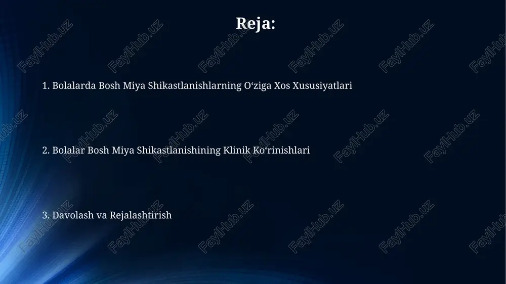 ptik tutqanoqlar, bosh miya jarohatlarining taxminan 5-10%ida kuzatiladigan asoratlardan biri bo'lib, uning og'irligi jarohatning og'irligiga bog'liq. reanimatsiya va intensiv terapiya bolalarda bosh miya jarohatlaridan keyingi reabilitatsiya davri oʻrtacha 6 oy va undan koʻp davom etadi, va 80% hollarda nutq, harakat va idrok funktsiyalarining tiklanishi kuzatiladi. yosh bolalarda kalla-miya jarohatlari koʻpincha subdural gematoma (qon quyilishlar) bilan murakkablashadi, bu holatlarning 15-25% ini tashkil etadi va darhol jarrohlik aralashuvini talab qilishi mumkin. bolalarda bosh miya jarohatlarida miya shishi xavfi yuqori boʻlib, oʻrtacha 30-40% hollarda kuzatiladi va bu esa bosh suyagi ichki bosimining keskin oshishiga olib keladi. epidural gematoma bosh miya kompyuter tomografiyasi (kt) epidural gematomani aniqlashda juda samarali usul bo'lib, u gematomaning joylashuvini, o'lchamini va miya tuzilmalariga bo'lgan ta'sirini aniq ko'rsatadi, bu jarrohlik aralashuvining zarurligini aniqlashga yordam beradi. epidural gematomaning klinik ko'rinishi "lucid interval" deb ataladigan, ya'ni bosh jarohati olganidan keyin qisqa muddatli hushyorlik davri bilan tavsiflanadi, so'ngra tez shish paydo bo'ladi va …