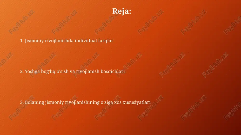 assasining kamayishiga va umumiy jismoniy rivojlanishning sustlashishiga olib keladi. og'ir infektsion kasalliklar, masalan, pnevmoniya yoki meningit, bolaning o'sish gormonlarining ishlab chiqarilishiga ta'sir qilib, o'sish sur'atining pasayishiga va rivojlanishning kechikishiga olib kelishi mumkin. bolaning jismoniy rivojlanishining asosiy bosqichlari bolaning 0-2 yoshlik davrida miya hajmi 2 barobar ortadi, bu davrda motor rivojlanishi tez sur’atlar bilan, yurish, o’tirish kabi murakkab harakatlarni o’zlashtirish bilan tavsiflanadi. 6-12 yosh oralig’ida bola balandligi va vazni tez o’sadi, jinsiy yetilish boshlanishi kuzatiladi, bu davr suyaklarning mustahkamlanishi va jismoniy chidamlilikning ortishi bilan ham belgilanadi. uyqu va dam olishning ahamiyati bolalarda yetarli uyqu (8-10 soat) miqdori jismoniy rivojlanish uchun muhim ahamiyatga ega, chunki bu vaqtda o'sish gormoni faol ishlab chiqariladi va hujayralar ta'mirlanadi. kunlik 30-60 daqiqalik jismoniy faollikdan keyin olingan sifatli dam olish bolaning mushaklarini tiklashga va jismoniy chidamliligini oshirishga yordam beradi, bu esa umumiy rivojlanishga ijobiy ta'sir ko'rsatadi. motor rivojlanishi nozik motor rivojlanishi 5 yoshga kelib sezilarli darajada yaxshilanadi, …