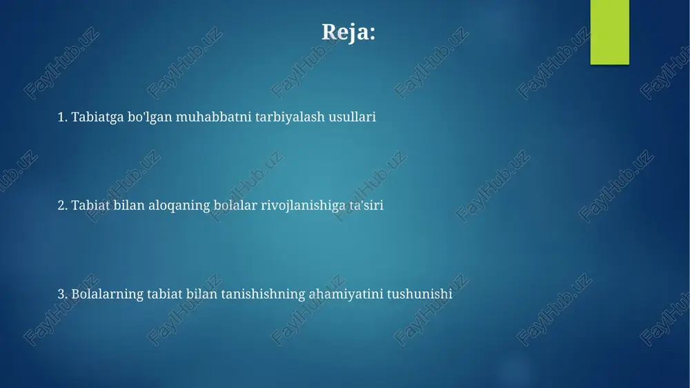 va faoliyatlarning roli tabiatda o'ynash, bolaning kognitiv rivojlanishiga 20% gacha hissa qo'shishi mumkin, bu esa muammolarni hal qilish va ijodiy fikrlash qobiliyatlarini oshiradi. ochiq havoda kamida 3 soat faoliyat yuritadigan bolalar, o'z tengdoshlariga nisbatan jismoniy salomatligi va immunitet tizimining mustahkamligi bo'yicha 15% yuqori ko'rsatkichlarga ega. tabiatni muhofaza qilishga qiziqishni uyg'otish maktab atrofidagi 1 gektar maydonda o'tkazilgan daraxt ekish aksiyasi, 50 nafar o'quvchining ishtiroki bilan, tabiatni asrashga bo'lgan qiziqishini va mas'uliyat hissini uyg'otadi. bolalar bog'chasida 5-7 yoshli 20 nafar bolaning 80% tabiatni muhofaza qilish bo'yicha o'yinlar va amaliy mashg'ulotlar orqali atrof-muhitga bo'lgan munosabatlarini ijobiy o'zgartirgan. kelajak uchun istiqbol dasturda ishtirok etgan 100 nafar bola orasida 90% tabiatga oid bilimlarini oshirganligini va bu bilimlarni kundalik hayotlarida qo'llashga tayyor ekanliklarini bildirishgan. "kelajak uchun istiqbol" dasturi 5-10 yoshli bolalar uchun tabiat bilan bog'liq 20 dan ortiq ta'lim o'yinlarini o'z ichiga oladi, ularning ekologik ongini rivojlantirishga qaratilgan. e'tiboringiz uchun rahmat @taqdimot_robot image6.jpg image7.jpg image8.jpg image9.jpg …