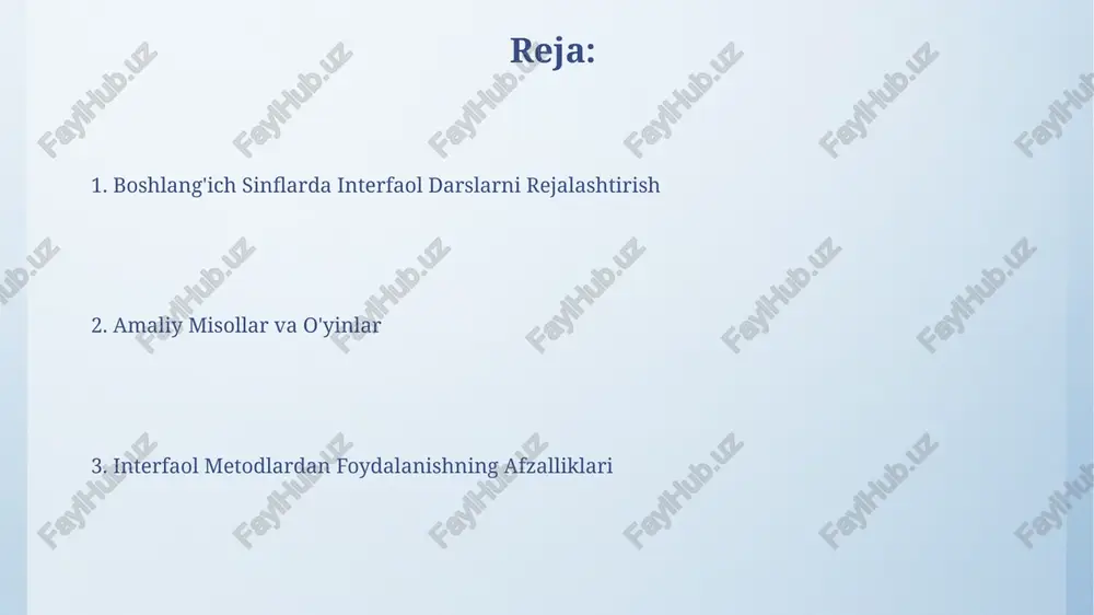 ri va natijalarini darhol tekshirishlari mumkin. interaktiv o'yinlarni o'tkazish uchun 20 dan ortiq onlayn resurslar mavjud bo'lib, ulardan 5tasi bepul va 15tasi pullik xizmatlarni taklif etadi. bu o'quv jarayonini yanada qiziqarli va samarali qiladi. o'quvchilarning qiziqishini o'stirish o'quvchilarni 5-10 minutlik qisqa, qiziqarli o'yinlar orqali darsga jalb qilish ularning matematikaga bo'lgan qiziqishini 20% ga oshirishi mumkin. guruhlarda ishlash usulini qo'llash, 4-5 kishilik guruhlar tuzib, matematik muammolarni birgalikda yechish, o'quvchilarning hamkorlik qobiliyatini rivojlantiradi va motivatsiyani 25% ga yaxshilaydi. amaliy ish va loyihalar o'quvchilar 4 xil amallarni (qo'shish, ayirish, ko'paytirish, bo'lish) qo'llagan holda, 15 ta so'z masalasini hal qilish orqali amaliy ko'nikmalarini mustahkamlaydilar va mantiqiy fikrlash qobiliyatlarini rivojlantiradilar. amaliy ish va loyihalar orqali o'quvchilar 2-3 kishidan iborat guruhlarda 5 ta turli geometrik shakllarni o'lchab, ularning perimetri va yuzasini hisoblash bo'yicha amaliy topshiriqlarni bajaradilar. interfaol usullarni tanlash muvaffaqiyatli interfaol darslar uchun 15-20 minut davom etadigan amaliy mashqlar, guruhlarda ishlash va individual topshiriqlarni muvozanatli tarzda …