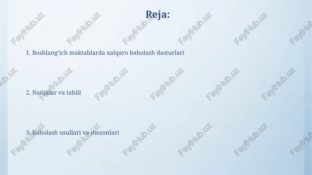 ematika fanidan, 25%i esa ona tilidan past ball olganligi aniqlandi, bu o'quv jarayonini takomillashtirish zarurligini ko'rsatadi. tahlil natijalariga ko'ra, o'quvchilarning 45% i bilim bo'shliqlari mavjudligi aniqlangan bo'lib, bu esa qo'shimcha ta'lim dasturlarini ishlab chiqishni talab qiladi. maktablarga qoʻshimcha yordam “maktablarga qoʻshimcha yordam” dasturi 2022-yilda 500 dan ortiq maktabni qamrab oldi va oʻquvchilarning oʻqish savodxonligi koʻrsatkichlarini 15% ga oshirishga yordam berdi. “maktablarga qoʻshimcha yordam” natijalarini baholashda standartizatsiyalashgan testlar va oʻquvchilarning portfel baholari, yaʼni 30% amaliy ishlar va 70% nazariy bilimlarni hisobga oluvchi sistema qoʻllanildi. ota-onalar bilan hamkorlik ota-onalarning 75% dan ortig'i xalqaro baholash dasturiga tayyorgarlik ko'rishda bolalariga yordam berish uchun maxsus o'quv materiallaridan foydalanishgan. ota-onalar bilan samarali hamkorlikni ta'minlash uchun 30 dan ortiq maktab 3-sinf o'quvchilarining o'qish ko'nikmalarini baholash bo'yicha ma'lumotlarni yig'ishda ota-onalar bilan birgalikda ishlagan. xalqaro baholash dasturlari pirls dasturi 4-sinf o'quvchilarining o'qish savodxonligini baholashga ixtisoslashgan bo'lib, o'qish tushunish, matn tahlili kabi 5 ta asosiy ko'nikmani o'z ichiga oladi. xalqaro …