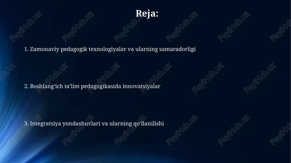uchun 30% ga bilim oʻzlashtirish darajasini yaxshilaydi. boshlangʻich taʼlim pedagogikasi innovatsiyalari innovatsion pedagogik yondashuvlar, masalan, loyiha usuli va hamkorlikda oʻrganish, oʻquvchilarning mustaqil fikrlash qobiliyatini rivojlantirishda 45% ga samaraliroq. zamonaviy pedagogik texnologiyalar, jumladan, stem taʼlimi elementlarini qoʻllash, boshlangʻich sinf oʻquvchilarining muammo yechish koʻnikmalarini 30% ga oshirdi. boshlangʻich taʼlimda oʻquvchilarning 70% ga yaqini interaktiv oʻyinlar orqali yangi mavzularni 2 baravar tezroq oʻzlashtirishini koʻrsatuvchi tadqiqotlar mavjud. axborot-kommunikatsiya texnologiyalari qoʻllanilishi interfaol o'yinlar va simulyatsiyalar orqali 70% gacha o'quvchilarning faol ishtiroki ta'minlanib, bilimlarni o'zlashtirish tezligi yuksaladi. akt integratsiyasi o'quv jarayonini 30% ga samaradorligini oshirib, o'quvchilarning mustaqil bilim olish ko'nikmalarini rivojlantiradi. onlayn resurslar va platformalar yordamida 5 dan ortiq turdagi ta'lim materiallariga kirish imkoniyati yaratilib, differensial ta'limni amalga oshirishga yordam beradi. oʻqituvchilarning malakasini oshirish oʻqituvchilarning kamida 70%i yangi pedagogik texnologiyalarni qoʻllash boʻyicha 2024 yilgacha malaka oshirish kurslaridan oʻtishlari kerak. innovatsion pedagogika boʻyicha malaka oshirish dasturlari oʻqituvchilarning kreativlik koʻnikmalarini rivojlantirishga va yangi oʻquv strategiyalarni qoʻllashga yordam beradi, …