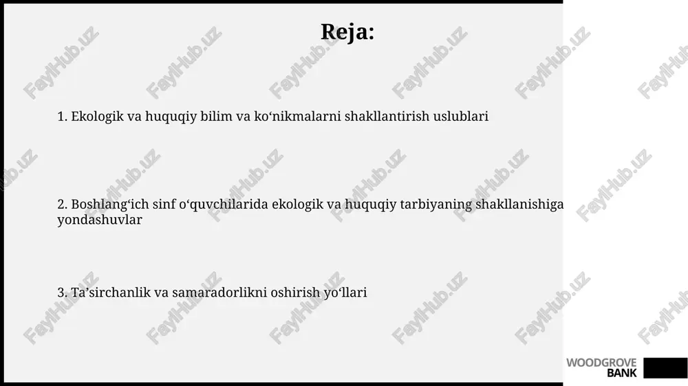 rgatishda yordam beradi. woodgrove bank ekologik va huquqiy taʼlimning oʻzaro bogʻliqligi huquqiy madaniyatning shakllanishi, masalan, tabiatni muhofaza qilish toʻgʻrisidagi 5 ta asosiy qonunni bilish orqali ekologik ongni kuchaytiradi va atrof-muhitni himoya qilish boʻyicha amaliy harakatlarni ragʻbatlantiradi. 10 yoshgacha boʻlgan bolalar uchun maxsus ishlab chiqilgan oʻquv dasturlari ekologik va huquqiy masalalarni birgalikda oʻrganish orqali, atrof-muhitga nisbatan mas'uliyatli munosabatni shakllantirishga xizmat qiladi. woodgrove bank boshlangʻich sinf oʻquvchilarida huquqiy tarbiyaning shakllanishi boshlangʻich taʼlimda 1-4 sinflar davomida bolalarda huquqiy ongni shakllantirish uchun "men va jamiyat", "qonunlar va qoidalar" kabi mavzulardagi kamida 10 ta dars soati ajratish tavsiya etiladi. huquqiy tarbiya jarayonida oʻyinlar, rollarni ijro etish va amaliy mashgʻulotlar kabi interaktiv usullar qoʻllanilishi 50% ga yaqin samaradorlikni oshirishi mumkin. woodgrove bank amaliy mashgʻulotlar va loyihalar amaliy mashgʻulotlar davomida 5-sinf oʻquvchilari 10 ta turli xil oʻsimlik va hayvon turlarini aniqlash va ularning ekologik ahamiyatini tushunish boʻyicha amaliy koʻnikmalarni oʻrganadilar. maktab atrofidagi 2 gektarlik hududda oʻquvchilar tomonidan …