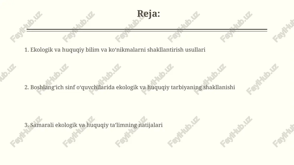 gan. boshlangʻich sinf oʻquvchilarida ekologik tarbiyaning shakllanishi ekologik tarbiya jarayonida oʻyinlar (50% dan ortiq), amaliy mashgʻulotlar (30%) va hikoyalar (20%) kabi turli xil uslublardan foydalanish samaradorlikni oshiradi. boshlangʻich sinf oʻquvchilarida ekologik ongni shakllantirishda atrof-muhitga oid 10 ta asosiy atamani (masalan, oʻsimliklar, hayvonlar, ifloslanish) tushuntirish muhim ahamiyat kasb etadi. e'tiboringiz uchun rahmat @taqdimot_robot image2.jpg image3.jpg image4.jpg image5.jpg image6.jpg