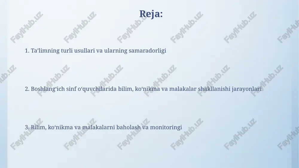iv usullardan foydalanish tavsiya etiladi. taʼlim muhitining ahamiyati interaktiv o'yinlar va amaliy mashg'ulotlar orqali o'quv jarayonini boyitish, 20% ga yaqin o'quvchilarning motivatsiyasini oshirib, bilim olish samaradorligini yaxshilaydi. o'qituvchi va o'quvchi o'rtasidagi munosabatlarning ijobiyligi, 10% ga yaqin o'quvchilarning o'ziga bo'lgan ishonchini oshirib, ularning ko'nikma va malakalarini rivojlantirishga yordam beradi. oʻquv dasturlari va bilim olish oʻquv dasturlarining 1-4-sinflar uchun oʻquv rejalari bilan uygʻunligi ta'limning samaradorligini 20% ga oshirishi mumkin, bu bolalarning bilim olish jarayonini tezlashtiradi. oʻquv dasturlari mazmunini 30% ga qisqartirish va asosiy kompetensiyalarni rivojlantirishga e'tibor qaratish orqali bolalarning bilim olish samaradorligi sezilarli darajada yaxshilanadi. boshlangʻich sinf oʻquvchilarining bilim shakllanishi ta’limning individual yondashuvi, oʻquvchining bilim olish tezligiga qarab, 1:5 yoki 1:10 nisbatida darslarni shaxsiylashtirish, bilim shakllanishiga ijobiy ta’sir koʻrsatadi. boshlangʻich sinf oʻquvchilarining bilim shakllanishida 6-7 yoshdagi bolalarning fikrlash qobiliyatining rivojlanish darajasi muhim rol oʻynaydi, bu davrda mantiqiy tafakkur va muammolarni yechish koʻnikmalari shakllana boshlaydi. qobiliyatlarni rivojlantirish usullari ijtimoiy-emotsional rivojlanishni 20% ga oshirish …
