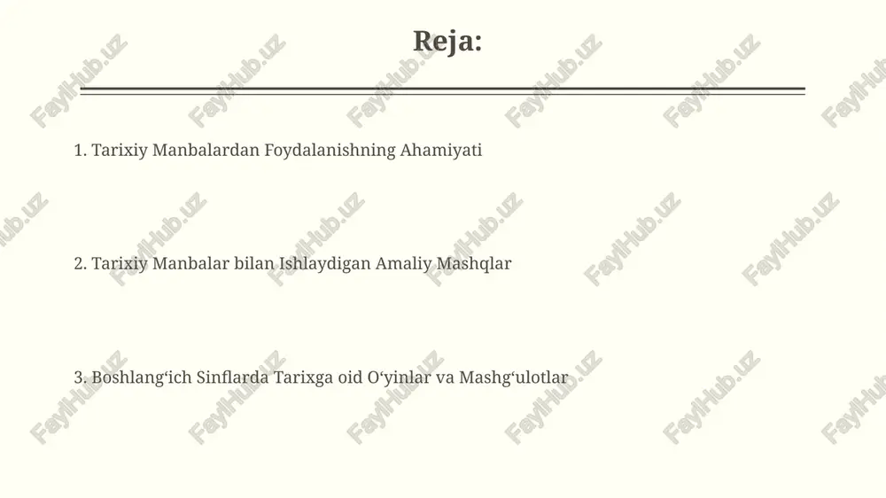 o‘qituvchining qo‘llab-quvvatlashi muhim ahamiyatga ega. tarixiy mavzulardagi 2-3 ta rasm chizish orqali bolalar o‘zlarining tushunchalarini ifodalash va o‘rganilgan mavzuni chuqurroq anglash imkoniyatiga ega bo‘ladilar. ranglar va kompozitsiya usullari ularning ijodiy qobiliyatini oshiradi. baholash usullari baholash usullaridan biri, 1-sinf o'quvchilarining rasm chizish orqali tarixiy voqealarni tushunish darajasini aniqlash uchun 5 ball shkalasi bo'yicha baholashni o'z ichiga oladi, bu erda 5 ball – eng yuqori daraja. tarixiy matnlar bilan ishlashda o'quvchilarning mulohaza yuritish qobiliyatini baholash uchun, "baholash usullari"da 3 ta savollar beriladi, ularning har biri 2 ball bilan baholanadi, jami 6 ball. xaritalar va sxemalardan foydalanish xronologik sxemalar (vaqt chizigʻi) orqali 5-6 yoshli bolalar tarixiy voqealarning ketma-ketligini, davomiyligini (masalan, 10 yil, 20 yil) va oʻzaro bogʻliqliklarini oʻrganishlari mumkin. tarixiy voqealarni aks ettiruvchi xaritalar (masalan, buyuk yurt ko'chishi xaritasi) yordamida 7-8 yoshli bolalar tarixiy jarayonlarni osonroq tushunishadi va vizuallashtirishadi, bu ularning xotirasini yaxshilaydi. dars ishlanmalar misollari boshlangʻich sinflarda tarixiy manbalar sifatida 19-asrga oid …