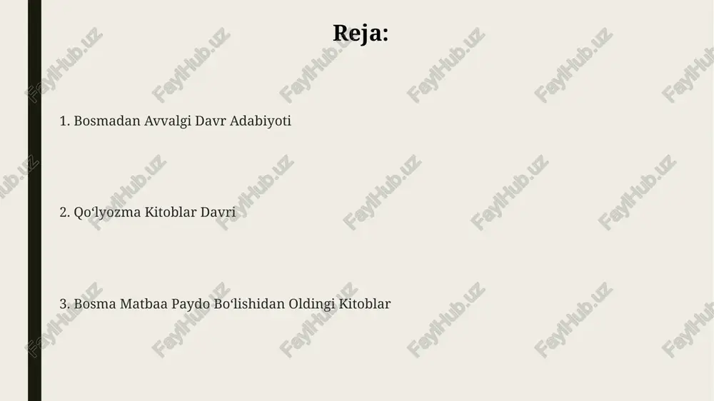 ari kuzatiladi. bosmadan avvalgi davrdagi adabiyotdagi asarlarning qo'lyozma nusxalarining chegaralangan soni sababli ularning tekshirish va tadqiq qilishda qiyinchiliklarga duch kelinadi. o'rta osiyodagi 7-12 asrlarga oid bosmadan avvalgi adabiyotda diniy mavzular, shuningdek, xalq og'zaki ijodining elementlari ustunlik qilgan. ogʻzaki xalq ijodiyoti "ogʻzaki xalq ijodiyoti" toʻplamlarida 19-asr oxiri va 20-asr boshlariga oid taxminan 500 dan ortiq qoʻshiq, doston va afsona namunalari jamlangan boʻlib, ularning aksariyati nomaʼlum mualliflikka ega. "ogʻzaki xalq ijodiyoti" nashrlari milliy adabiyotimizning shakllanishida muhim rol oʻynab, xalq ogʻzaki ijodining turli janrlarini – 30 dan ortiq janrni oʻz ichiga olgan. toʻplamdagi matnlarning til va uslubiy xususiyatlarini tahlil qilish orqali 19-asr oxiri va 20-asr boshlaridagi oʻzbek tilining dialektal xususiyatlari va leksik boyligini oʻrganish mumkin. bosmadan avvalgi davrning ta'rifi bosmadan avvalgi davrda kitoblarning ko'payishi juda sekin jarayon bo'lib, bir nusxani qo'lda yozish bir necha oy yoki hatto yillarni olgan. ushbu davrda kitoblarning noyobligi va yuqori narxlari ularni faqat boy va ta'sirli odamlar uchun …
