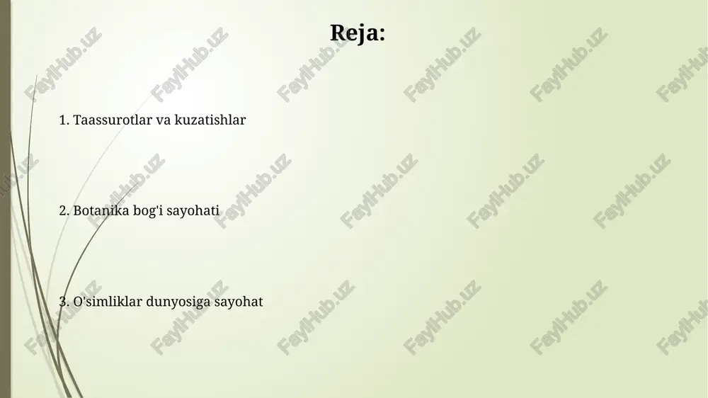 kuzatilgan bo'lib, bu bioxilma-xillikni aks ettiradi va floristik tadqiqotlar uchun ideal sharoit yaratadi. hududda o'rtacha yillik yog'in miqdori 500 mm atrofida bo'lib, o'simliklarning suvga moslashishi va turli xil adaptatsiya mexanizmlarini kuzatish imkonini beradi. ekzotik o'simliklar ba'zi ekzotik o'simliklarning yoshi 50 yildan oshadi va ularning noyobligi genetik xilma-xillikni saqlashda muhim ahamiyatga ega. ekzotik o'simliklar bo'limida 150 dan ortiq turdagi noyob va xavf ostida turgan o'simliklar, shu jumladan 30 dan ziyod kaktus turlarini uchratishingiz mumkin. reja va maqsadlar botanika bog'iga ekskursiyaning asosiy maqsadi – 150 dan ortiq turdagi o'simliklar bilan tanishish, ularning morfologik xususiyatlari va ekologik ahamiyatini o'rganishdir. ekskursiya natijasida ishtirokchilarning botanika faniga bo'lgan qiziqishi ortadi va ular amaliy bilimlarni, ya'ni 20 dan ortiq o'simlikni aniqlash va tavsiflash ko'nikmalarini egallashadi. botanika bog'ining tarixi bog'ning dastlabki yillarida 1000 dan ortiq turdagi o'simliklar, jumladan, noyob va endemik turlar, to'plangan va kataloglashtirilgan. botanika bog'i 1920-yillarning boshlarida, taxminan 30 gektar maydonda, toshkent shahrida o'simliklarni tadqiq qilish …