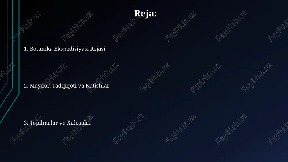 ik hujayralarining o'rtacha hajmi 10-100 mikrometr bo'lib, ularning shakli va kattaligi turlicha bo'ladi, bu ularning ekologik moslashuvchanligini ko'rsatadi. gulli o'simliklarning taxminan 300 000 ga yaqin turi mavjud bo'lib, ularning morfologiyasi va reproduktiv strategiyasi xilma-xildir. qiziqarli o'simlik turlari ba'zi o'simliklar, masalan, sukulentlar, suvni 1 litrgacha saqlashga qodir bo'lib, ularning cho'l sharoitida omon qolishlariga yordam beradi. dunyoda taxminan 390 000 dan ortiq gulli o'simlik turlari mavjud bo'lib, ularning har biri noyob morfologik va genetik xususiyatlarga ega. ekspeditsiya yakunlari va xulosa ekspeditsiya davomida 35 turdagi o'simlik namunalari yig'ildi, shundan 10 tasi noyob va qizil kitobga kiritilgan turlar edi. o'tkazilgan genetik tahlillar natijasida 5 ta yangi o'simlik genotipi aniqlandi, bu esa o'simliklarning genetik xilma-xilligini ko'rsatadi. o'simliklarni aniqlash usullari o'simliklarni aniqlashda 1700 dan ortiq xususiyatlarni o'z ichiga olgan dichotomous kalitlardan foydalanish mumkin, bu esa tur va oilani aniqlashga yordam beradi. gulning tuzilishi, jumladan, toj yaproqlarining soni (5 ta, 4 ta), changchilar va pistillarning joylashuvi kabi …